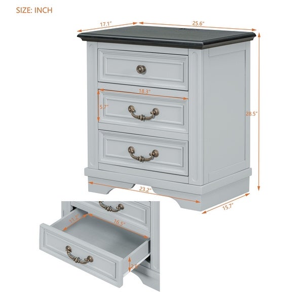 Nightstand with 3 Drawers + USB Charging Ports - - 37981784