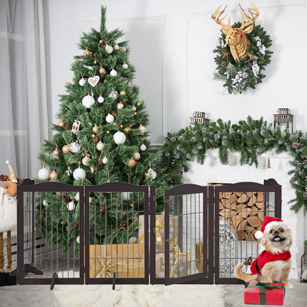 Unipaws Wide Pet Gate， Freestanding Pet Playpen， 6 Panels Dog Gate， Espresso