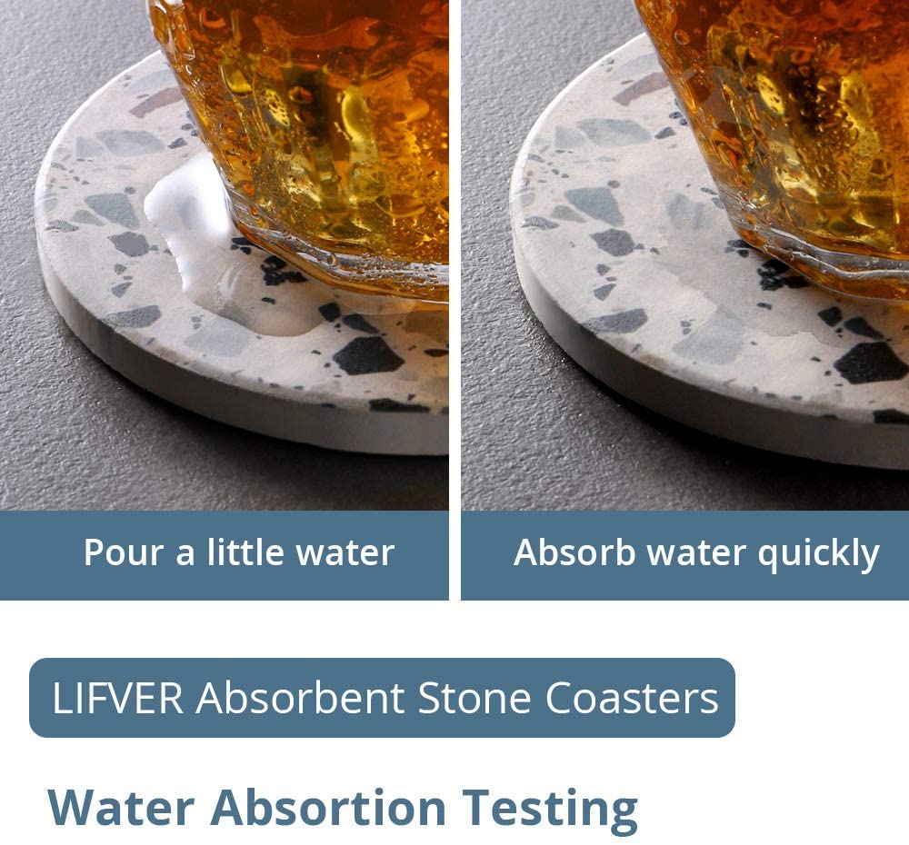 LIFVER Coasters for Drinks， Absorbent Coasters with Holder Set of 6， Avoid Furniture Being Scratched and Soiled， Housewarming Gift for Home Decor， 4 inches - Terrazzo