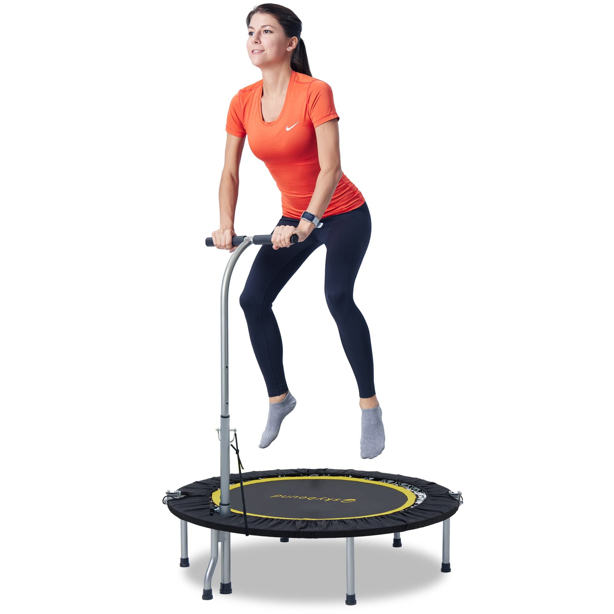 SkyBound Boogie Bounce Foldable Mini Trampoline 39 Inch， in-Home Cardio Fitness Rebounder with Adjustable T-Bar Handle，Exercise Trampoline for Adult， Fitness Trampoline for Workout Trainer