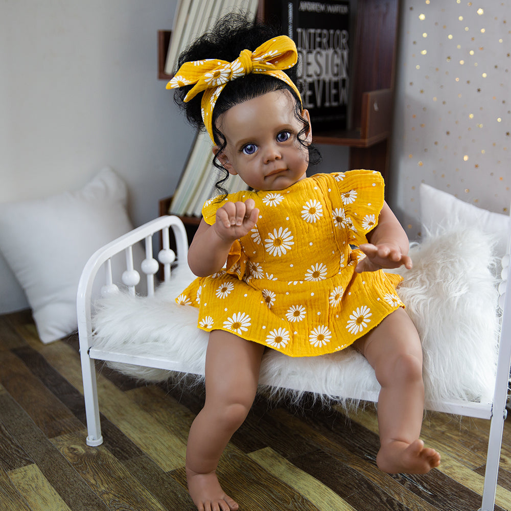 Reborn Baby Dolls Girl 22 Inch Realistic Newborn Baby Doll, Black Skin Baby Doll with Soft Body Silicone Limbs Weighted Reborn Toddler Gift for Children Age 3+