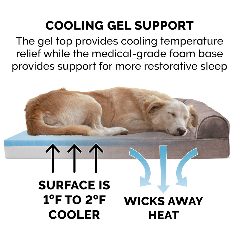 FurHaven Pet Dog Bed | Cooling Gel Memory Foam Orthopedic Faux Fur and Velvet Sofa-Style Couch Pet Bed for Dogs and Cats， Driftwood Brown， Medium