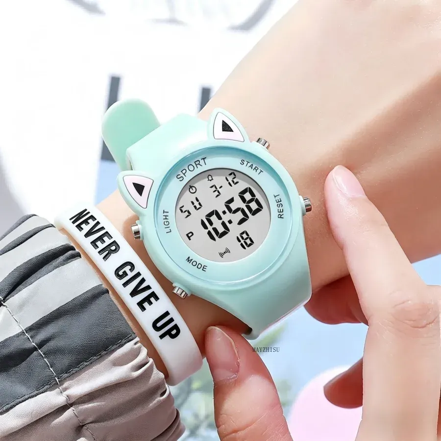LIUYANGTIAN 3D Cat-ear Women Watch with Bracelet Sports Electronic Watches for Girls and Boys Student Waterproof LED Digital Wristwatch Gift