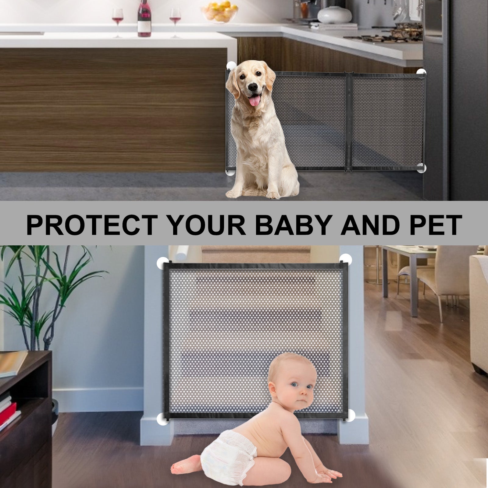 Zipper Mesh Dog Gate Safety Baby Fence Adjustable 3 Sizes Portable Folding Pet Gate for Stairs and Doors