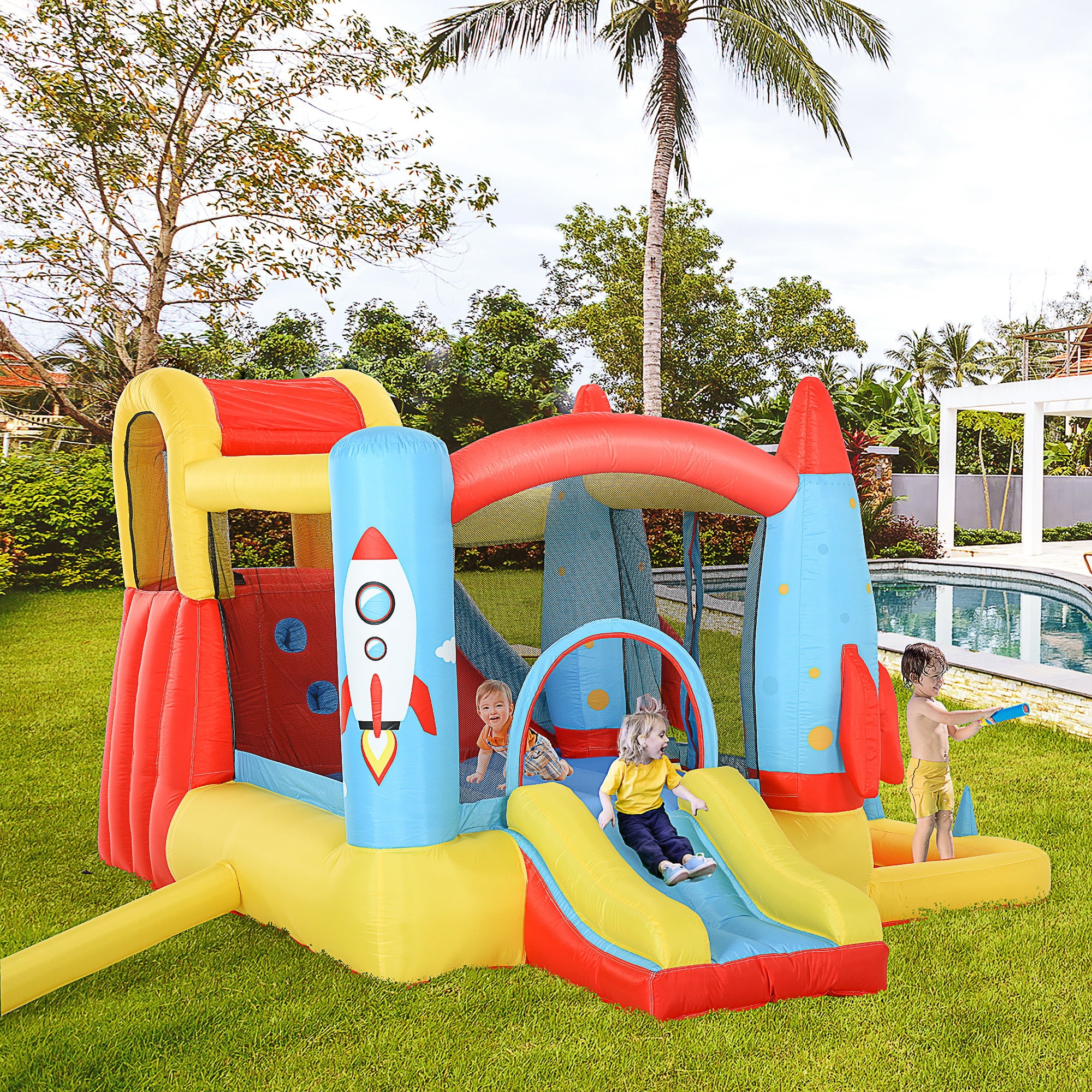 Outsunny 4-in-1 Kids Inflatable Bounce House Jumping Castle with 2 Slides， Climbing Wall， Trampoline， and Water Pool Area， Air Blower