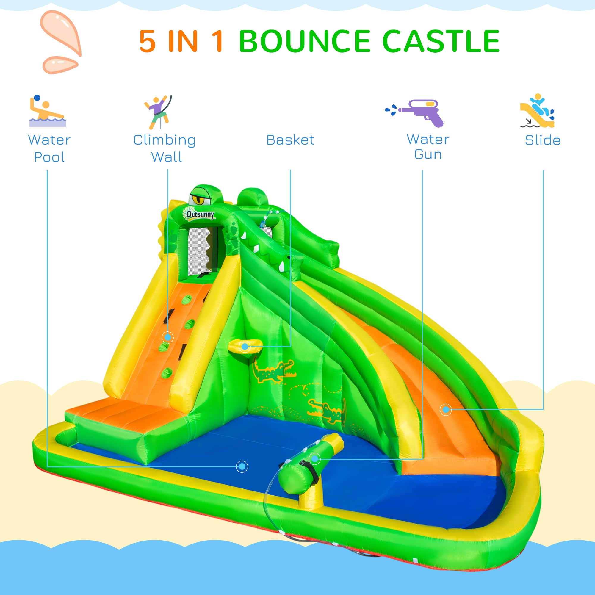 Outsunny 6 in 1 Inflatable Water Slide for Kids Backyard Water Park Castle Bounce House Extra Large Crocodile Style with Basket， Cannon， Pool， Climbing Wall， Slide and Carrybag Without Air Blower