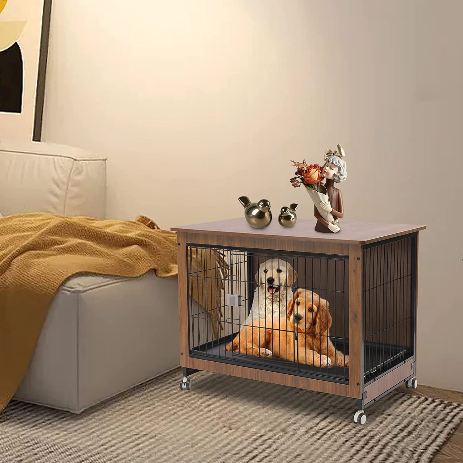Miumaeov Dog Crate With A Spacious Top， Brown Furniture-style Crates with Wheels， Indoor Dog Kennel， Metal Dog House， Dog Cage with Tray， 38.6 * 25.2 * 30.1in