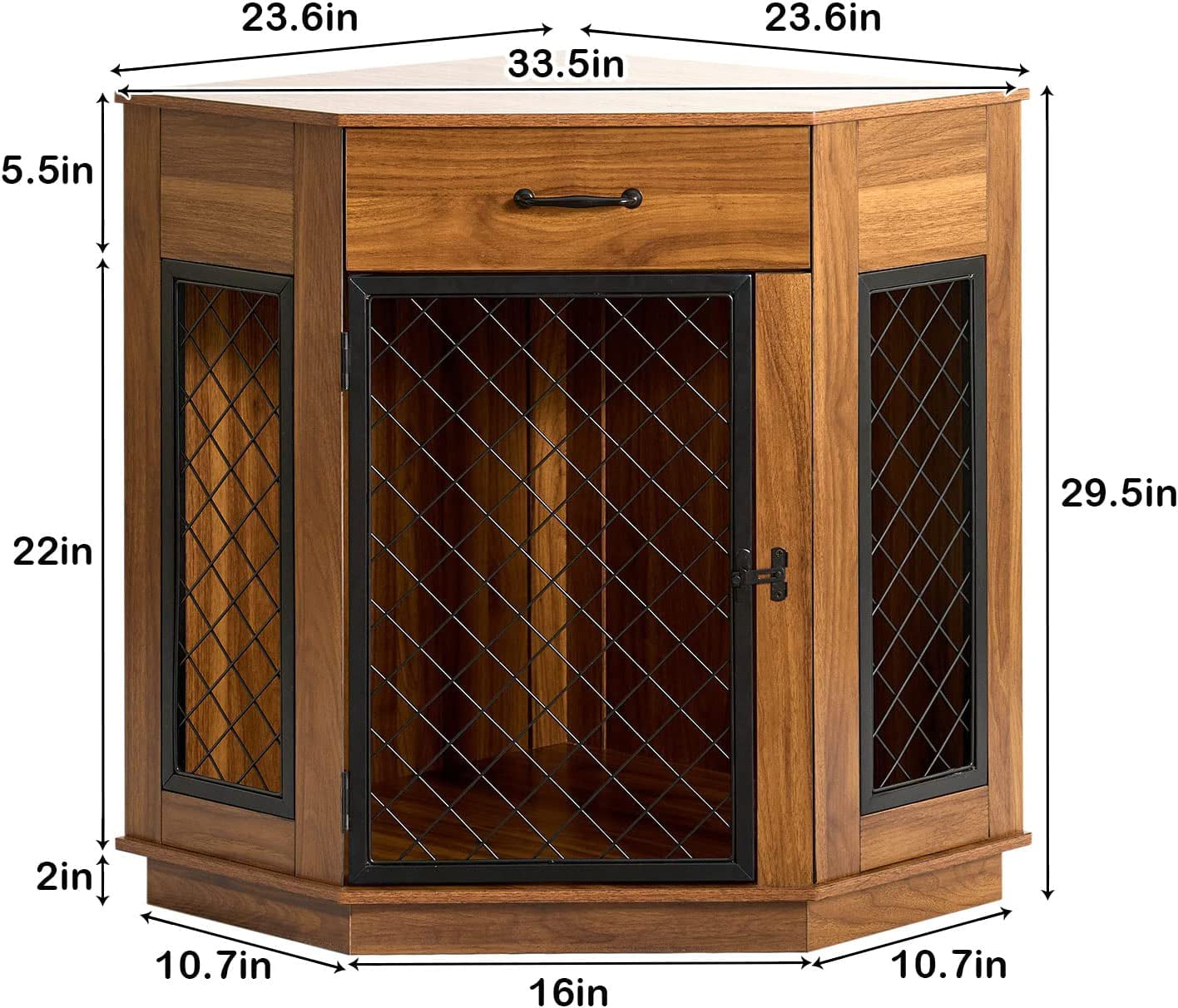 Soges Dog Crate Furniture with Drawer， Corner Kennel with Mesh Door， Wooden Dog House for Small/Medium Dog