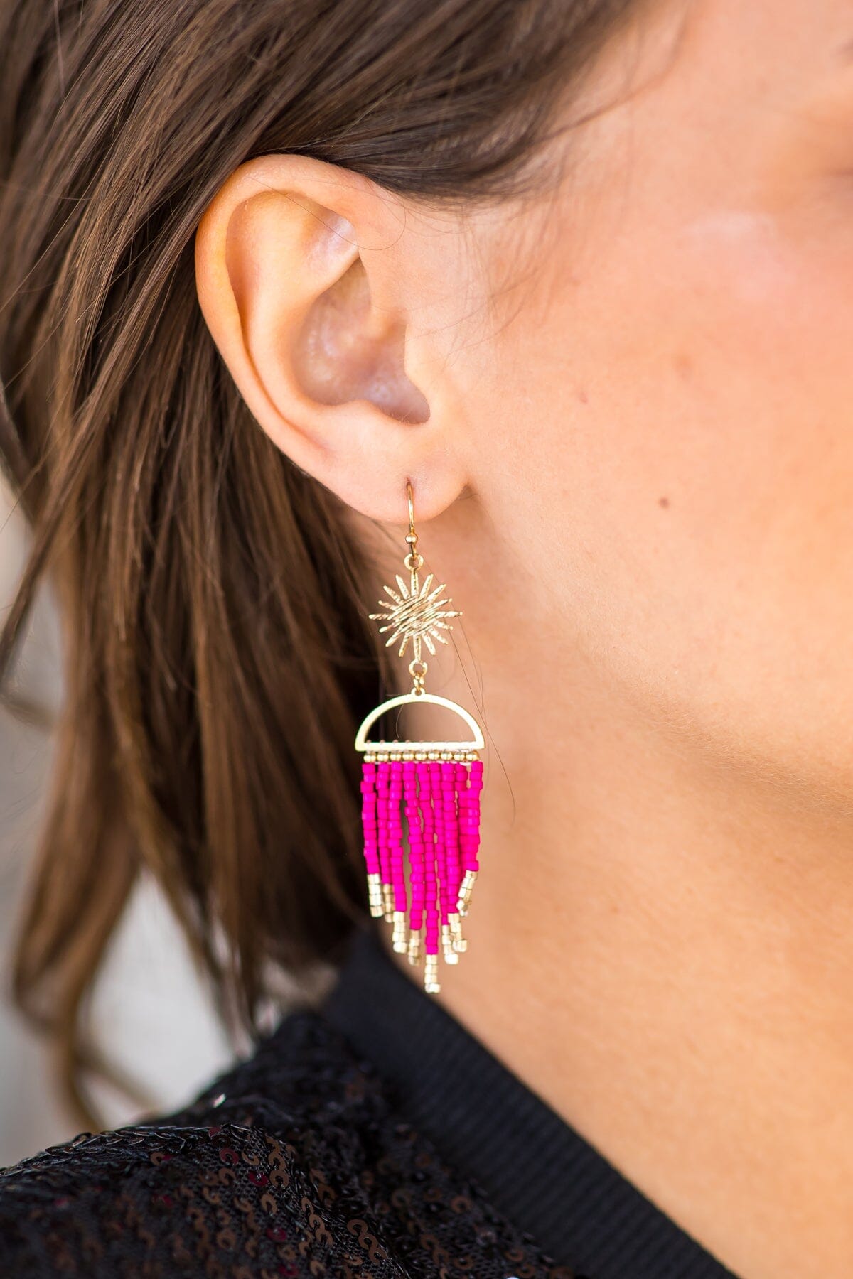 Fuchsia and Gold Seed Bead Earrings