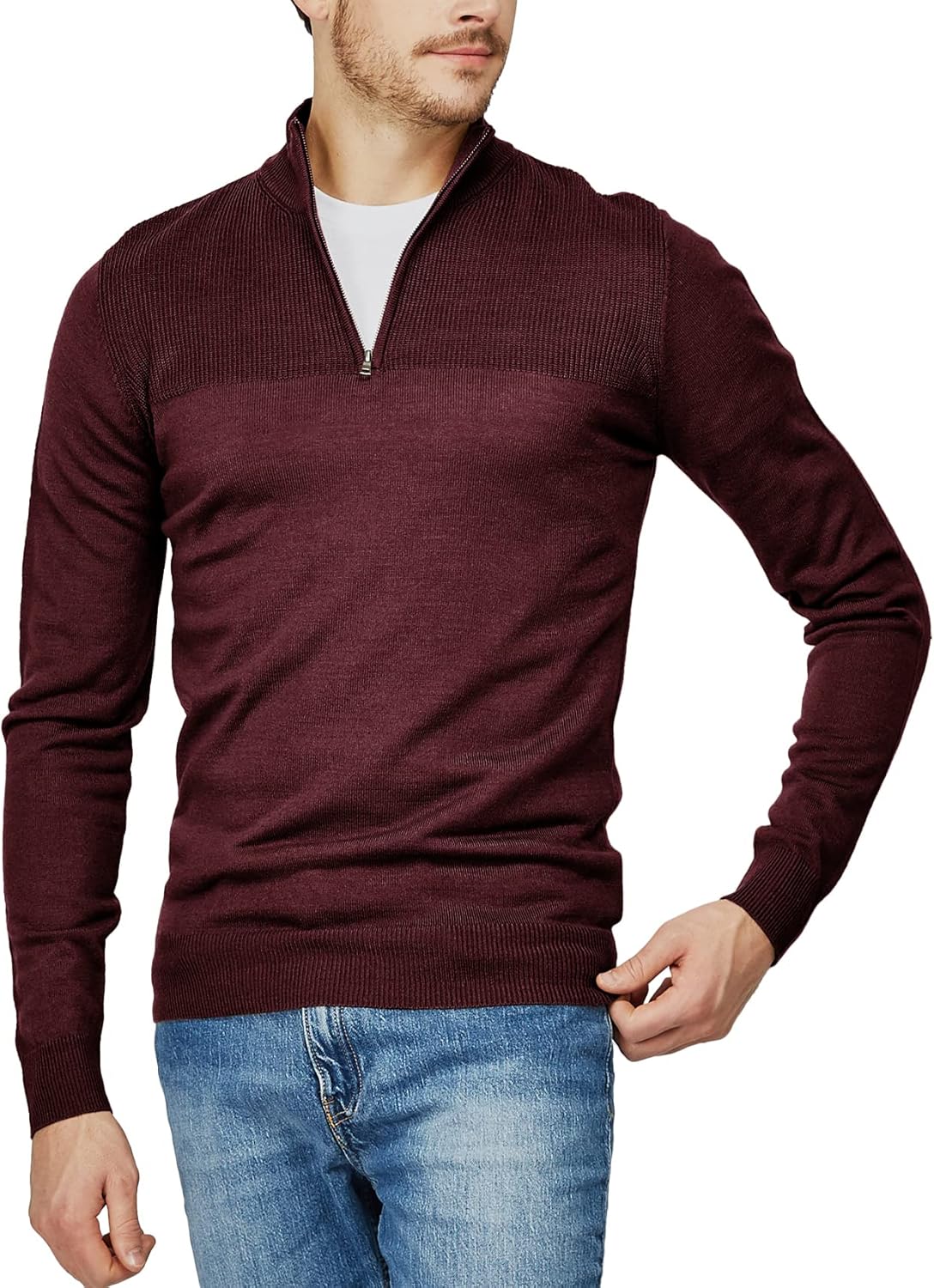 H2H Mens Casual Slim Fit Pullover Sweaters Long Sleeve Knitted Fabric Zip Up Mock Neck Polo Sweater