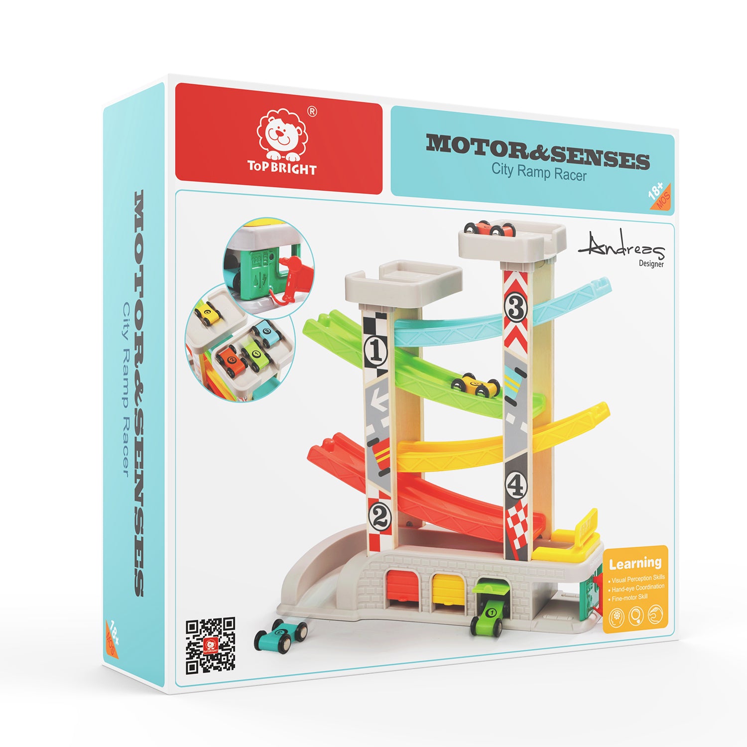 TOP BRIGHT Car Ramp Toy for 2 3 Year Old Boy Gifts， Toddler Race Track Toy for 18 Month Old with 4 Wooden Cars and 3 Car Garage