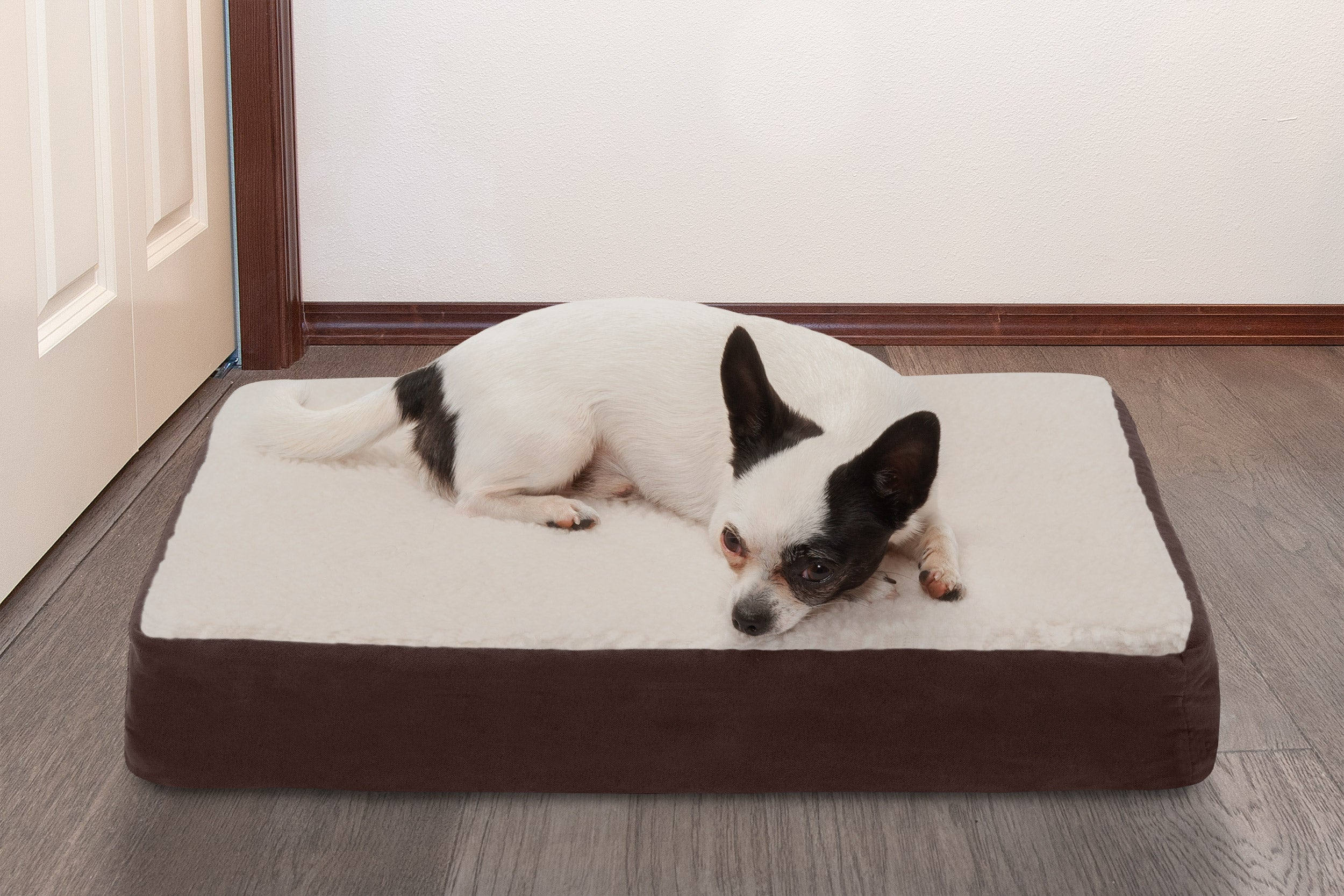 FurHaven Pet Dog Bed | Memory Foam Faux Sheepskin and Suede Mattress Pet Bed for Dogs and Cats， Espresso， Small