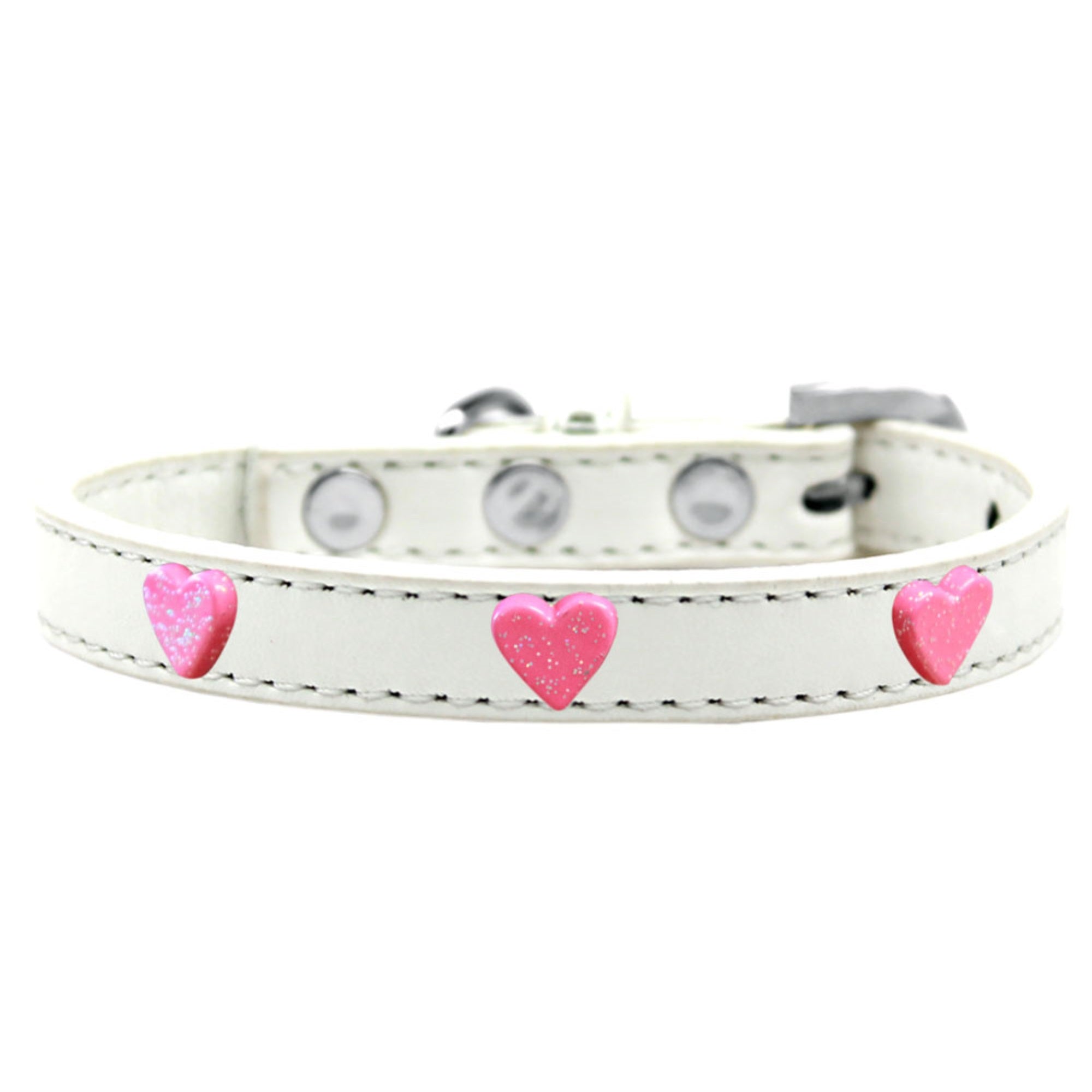 Pink Glitter Heart Widget Dog Collar White Size 10
