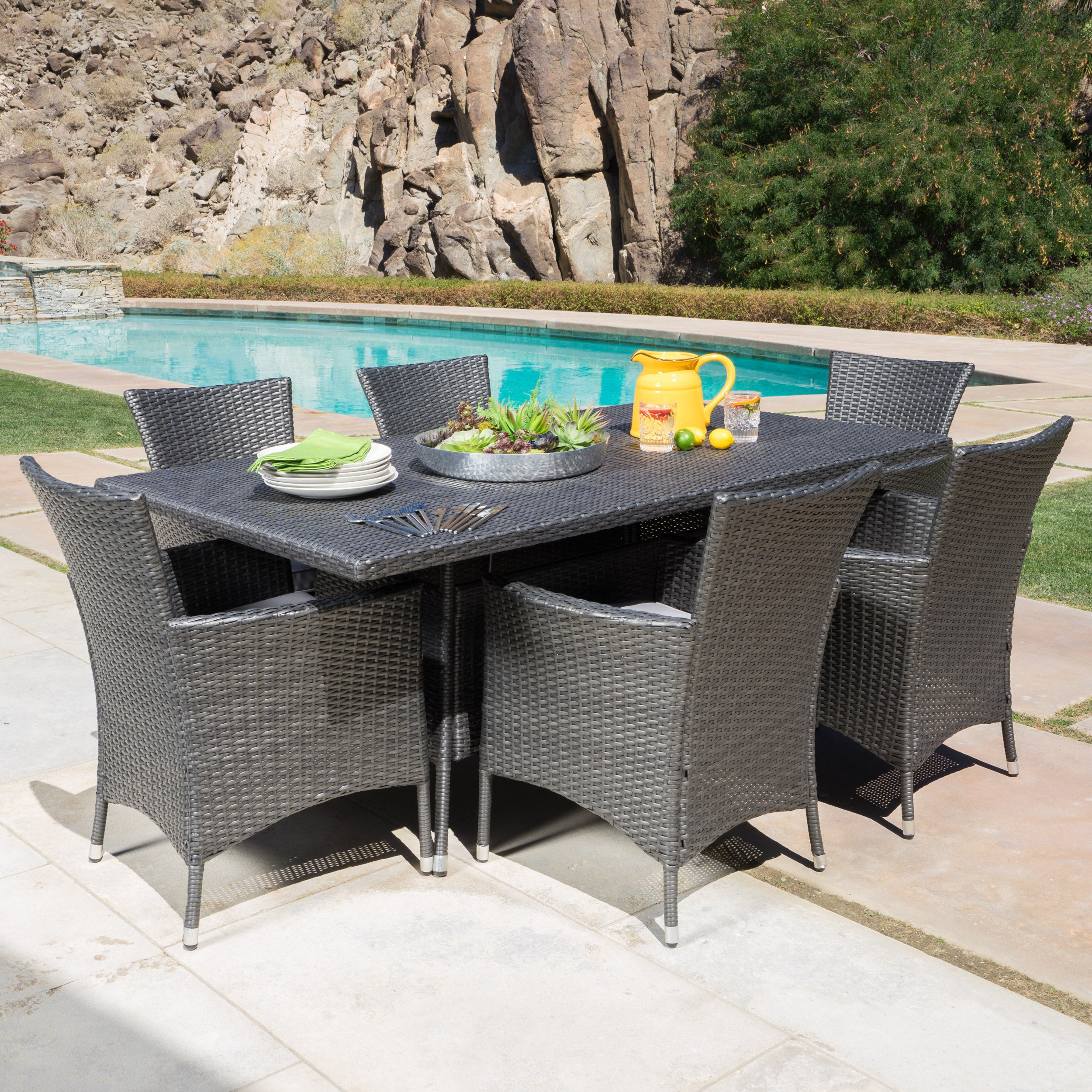 Macalla Outdoor 7-Piece Gray Wicker Dining Set with Light Gray Cushions