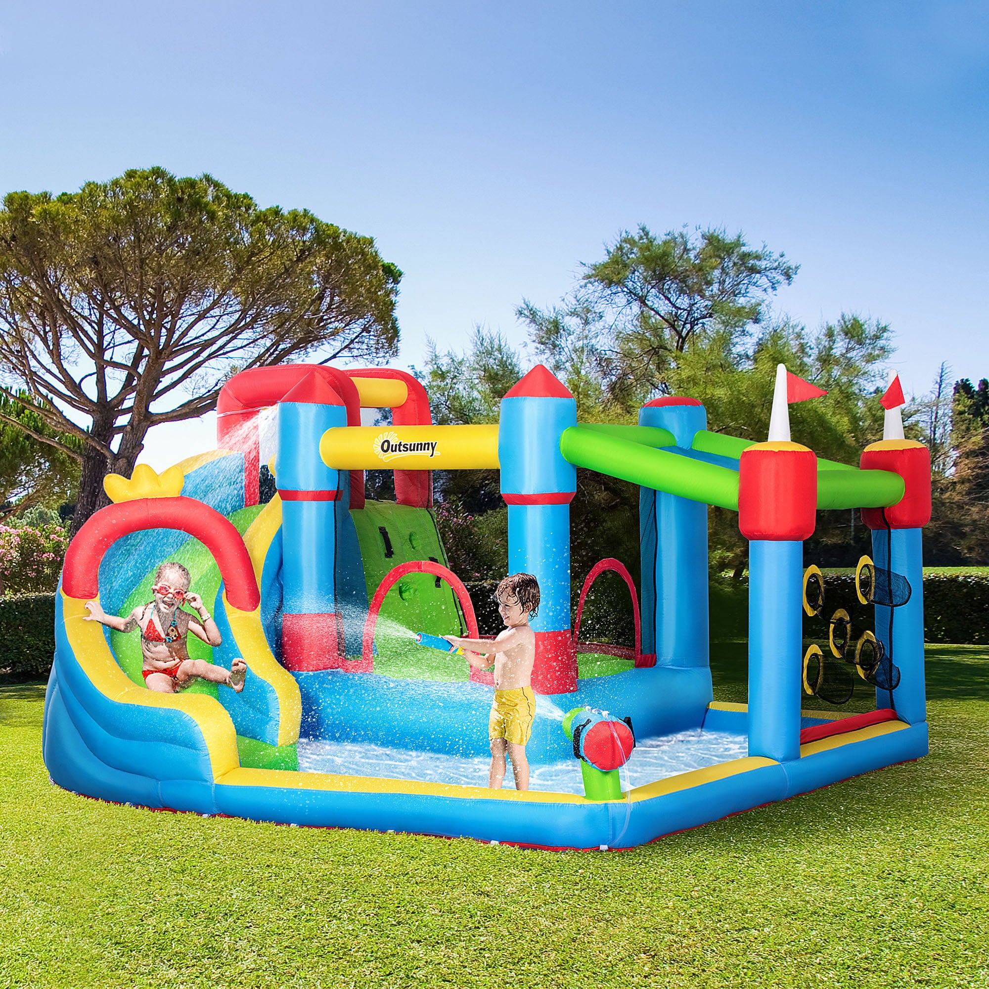 Outsunny 6-in-1 Inflatable Bounce House with Slide， Climbing Wall， Water Gun， and More， Inflatable Water Slide for Kids with 2 Min. Inflation without Inflator