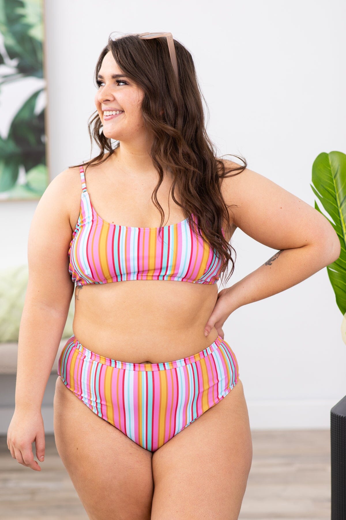 Pink Multicolor Stripe Two Piece Swimsuit
