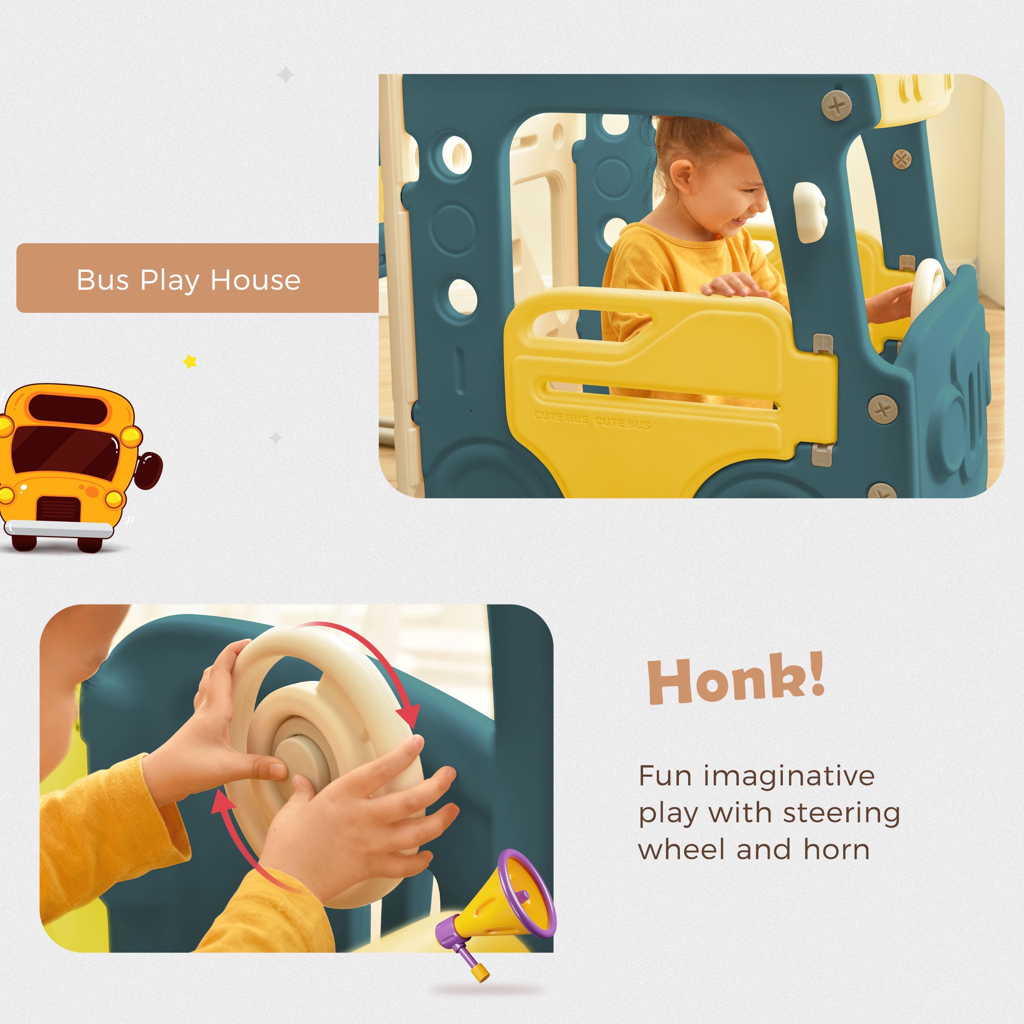 KUIKUI Kids Swing-N-Slide with Bus Play Structure， Freestanding Bus Toy with SlideandSwing for Toddlers， Bus Slide Set with Basketball Hoop