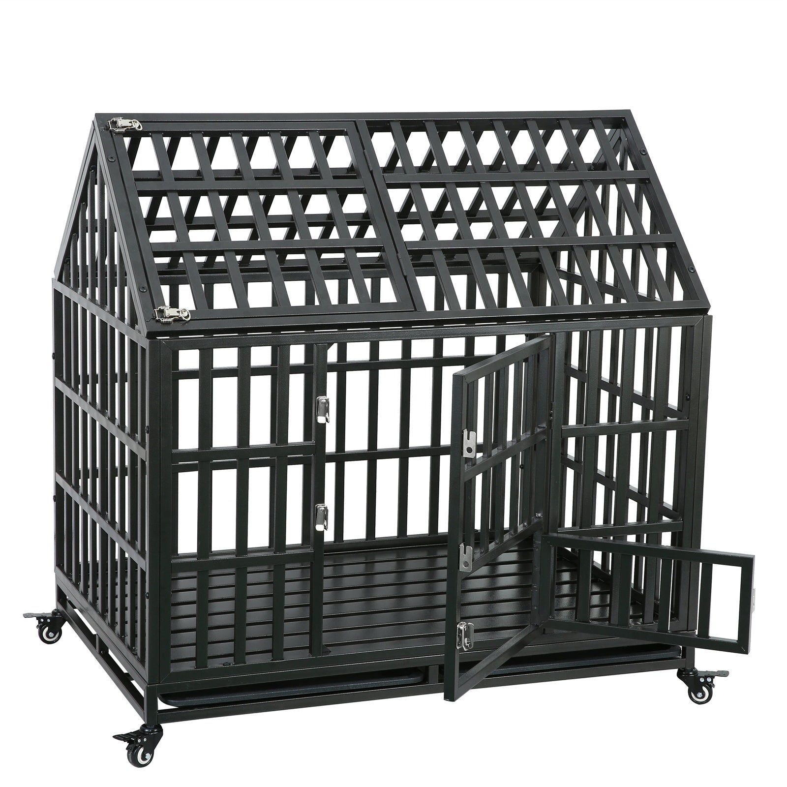 Heavy Duty Steel Pet Crate for Medium Large Dog with 360° Rotate Locking Wheels Removable Tray