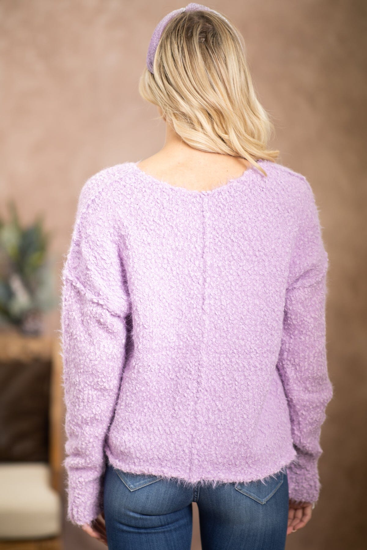 Lavender V-Neck Eyelash Sweater