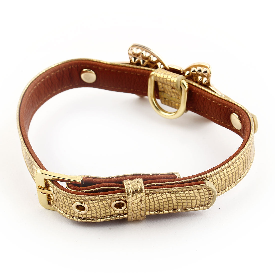 Unique Bargains Faux Leather Bowknot Shape Decor Adjustable Pet Dog Cat Collar Gold Tone S
