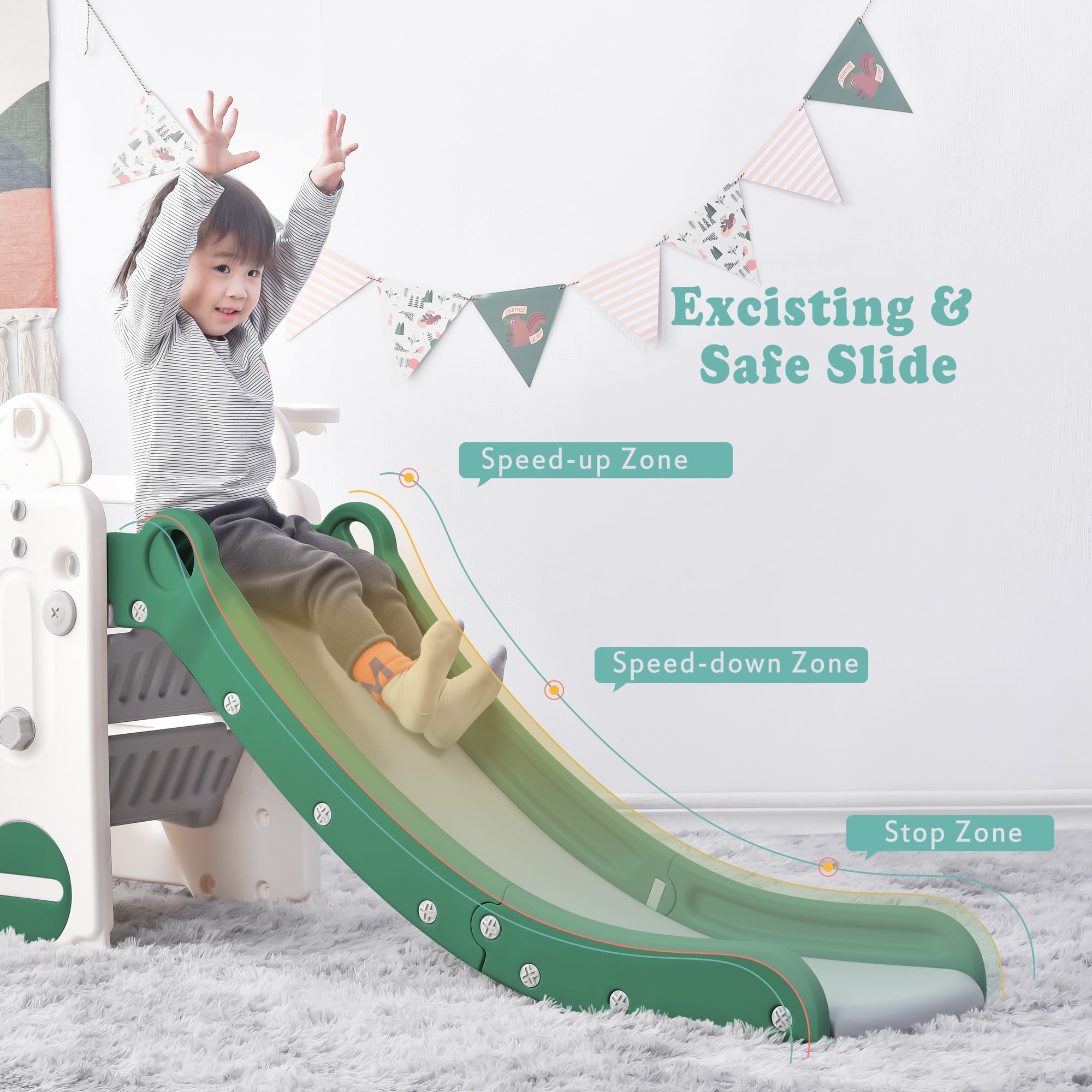 Track 7 Baby Slide 4-in-1，Indoor Toddler Slide with Basketball Hoop，Climber and Bus Playhouse，Outdoor Playground Kids Slide for Toddlers Age 1+，Green