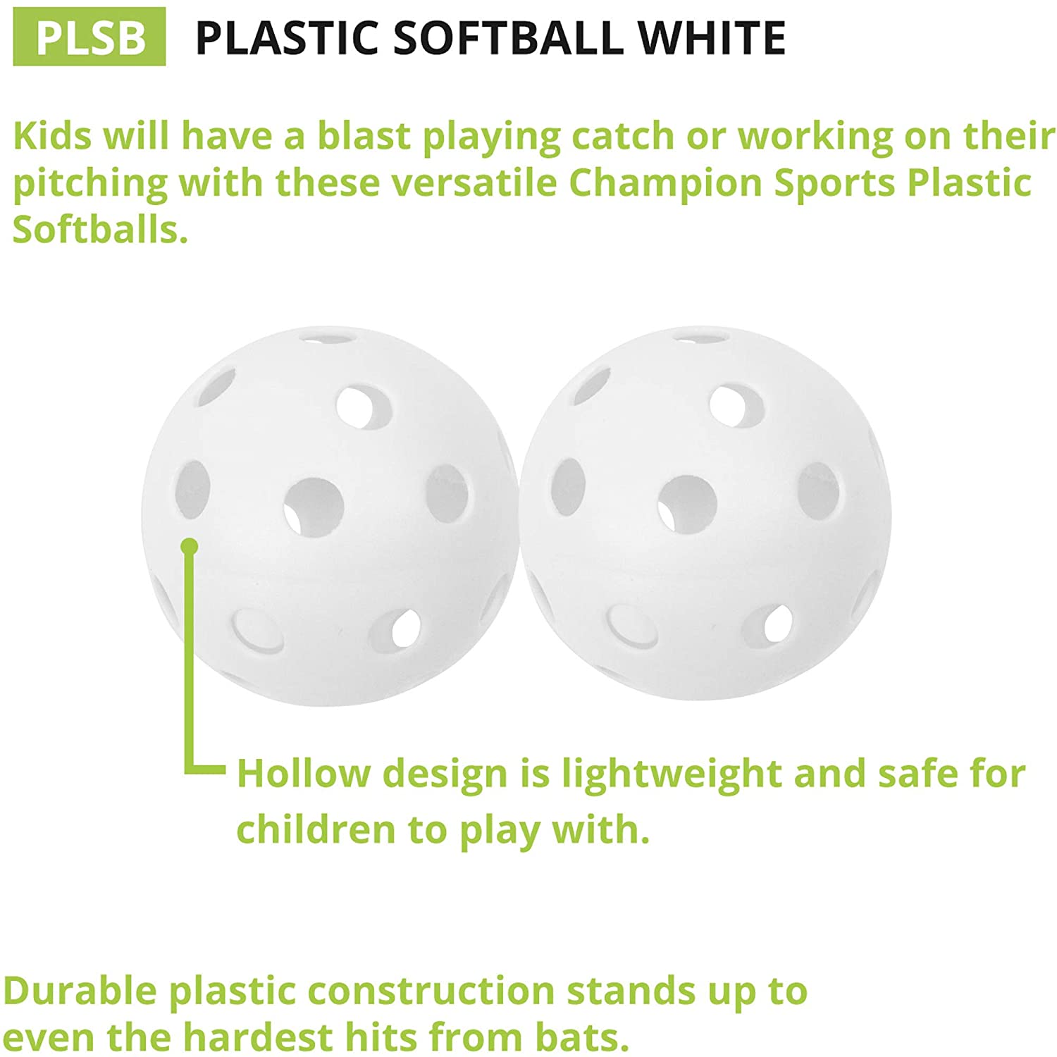 Champion Sports White Plastic hollow Softballs， Pack of 12