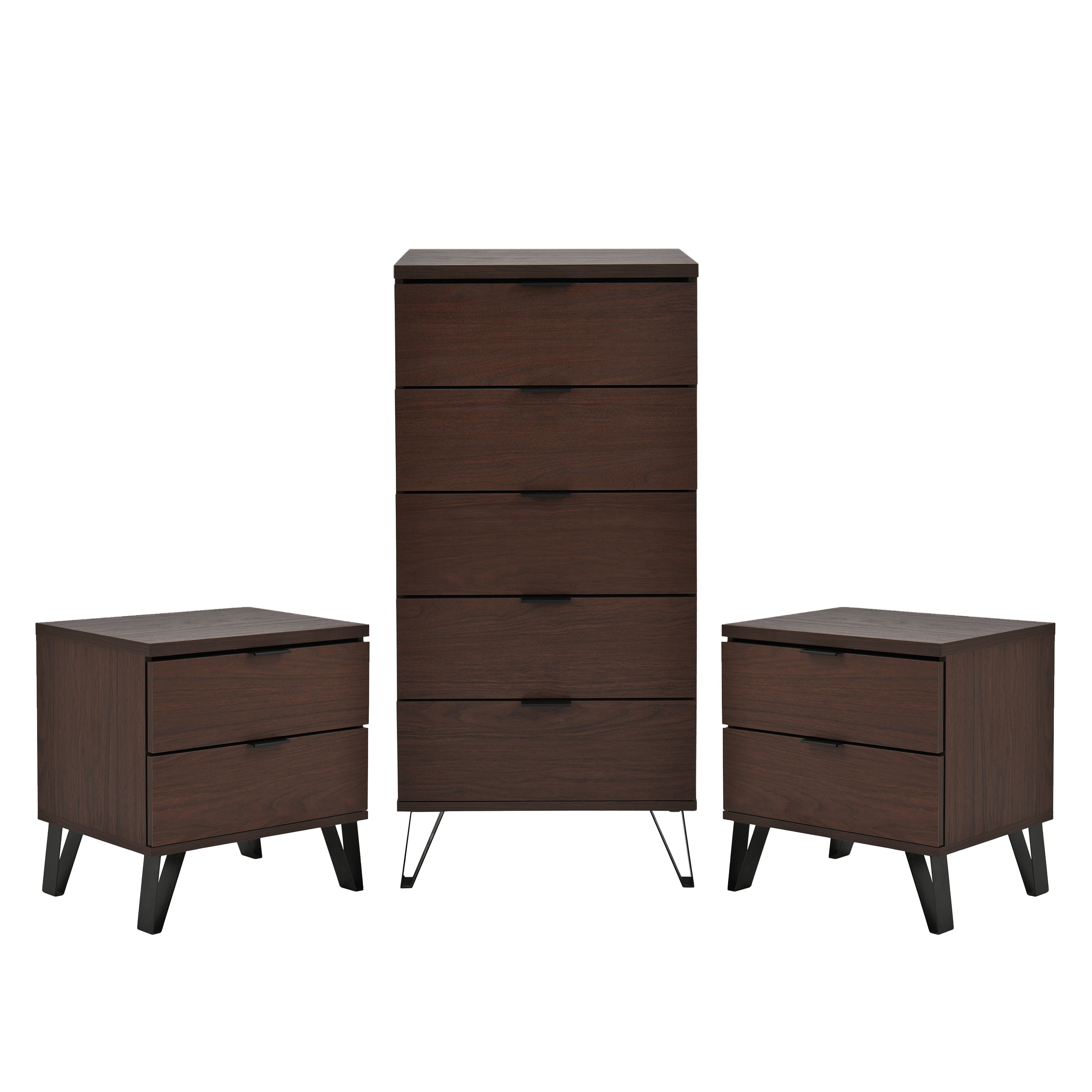 Demijen Modern Industrial 3 Piece 5 Drawer Dresser and Nightstand Bedroom Set, Walnut and Matte Black