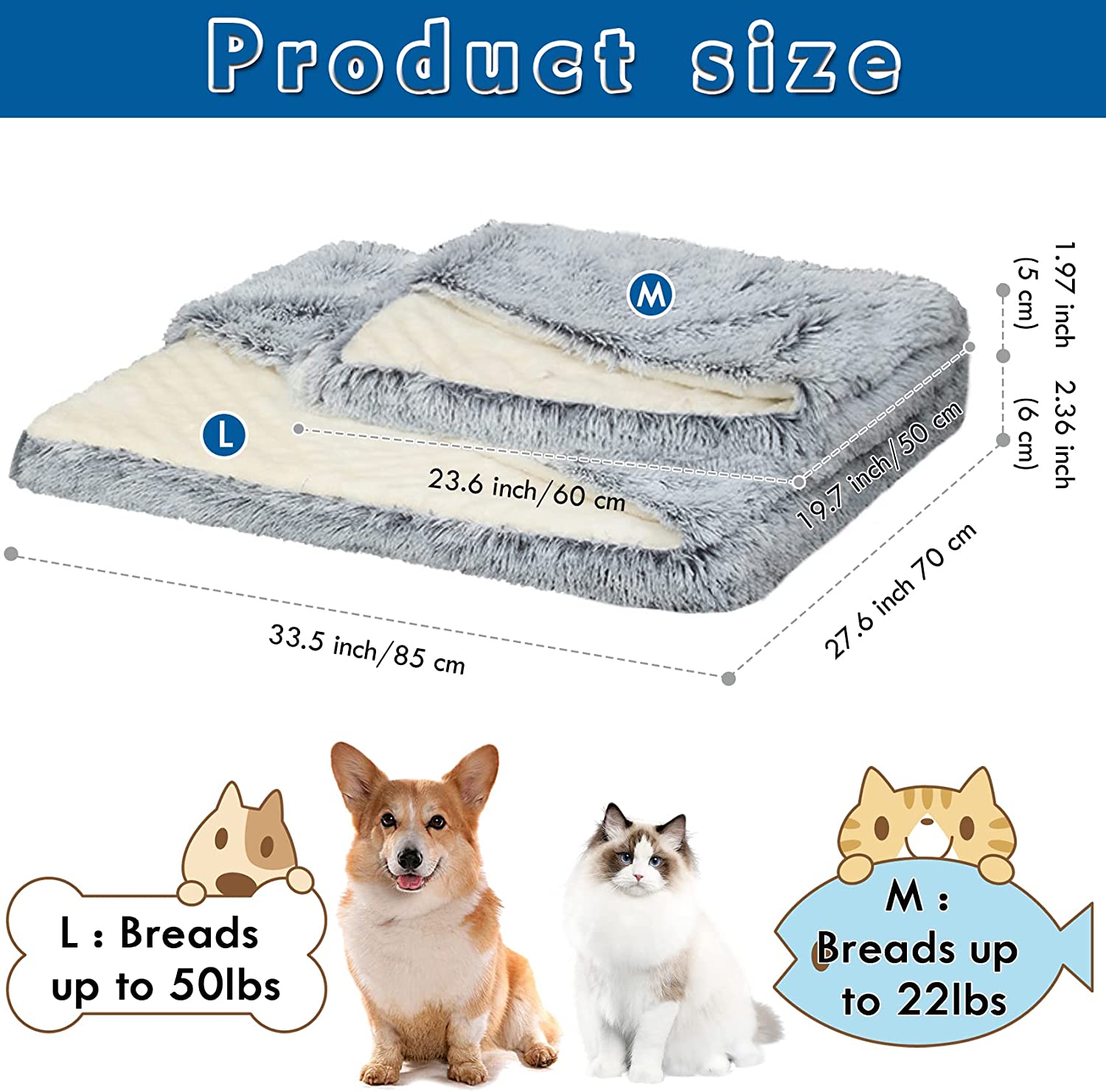Cat Bed with Blanket Attached，33.5*27.6’’ Small Pet Dog Bed，Cozy Cuddler Mat for Puppy Cat with Washable Cover (Gray-White)