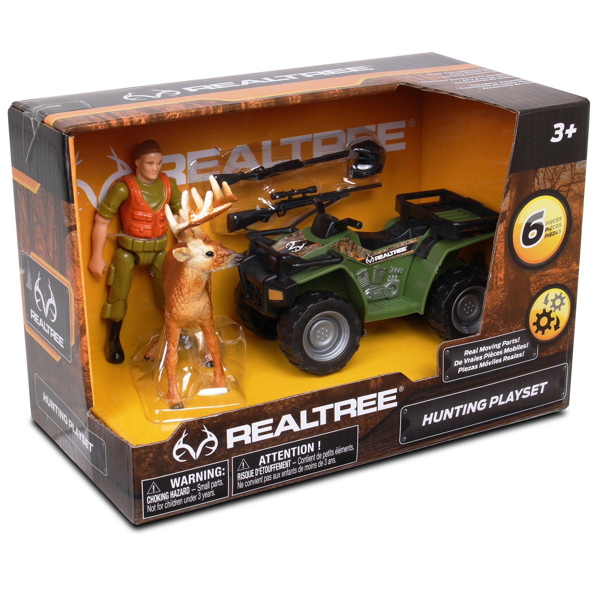 RealTree: Hunting Playset - 6 Piece 1:18 Scale W/ Freewheel Vehicle， ATV Buck Hunting Set ， Ages 3+