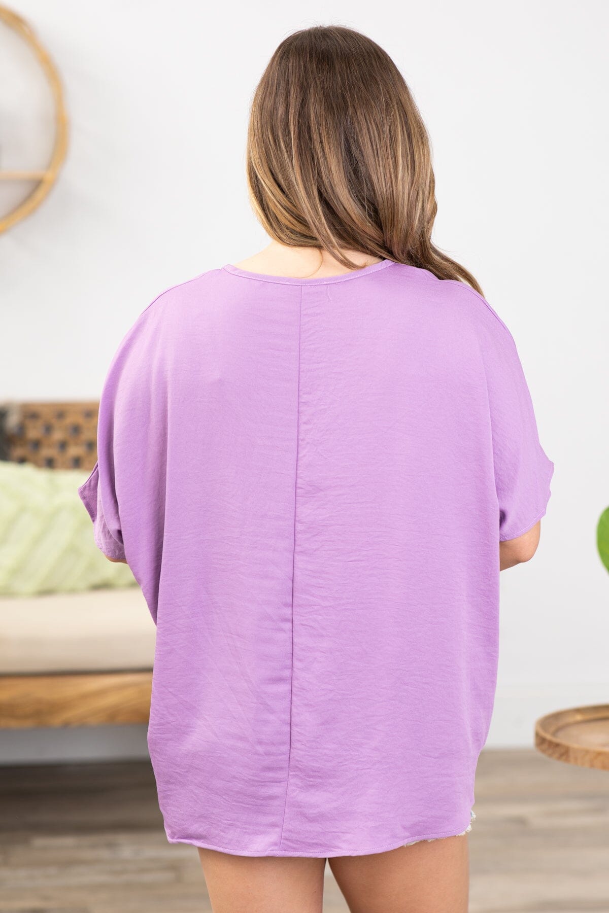 Lavender V-Neck Top With Pocket Detail