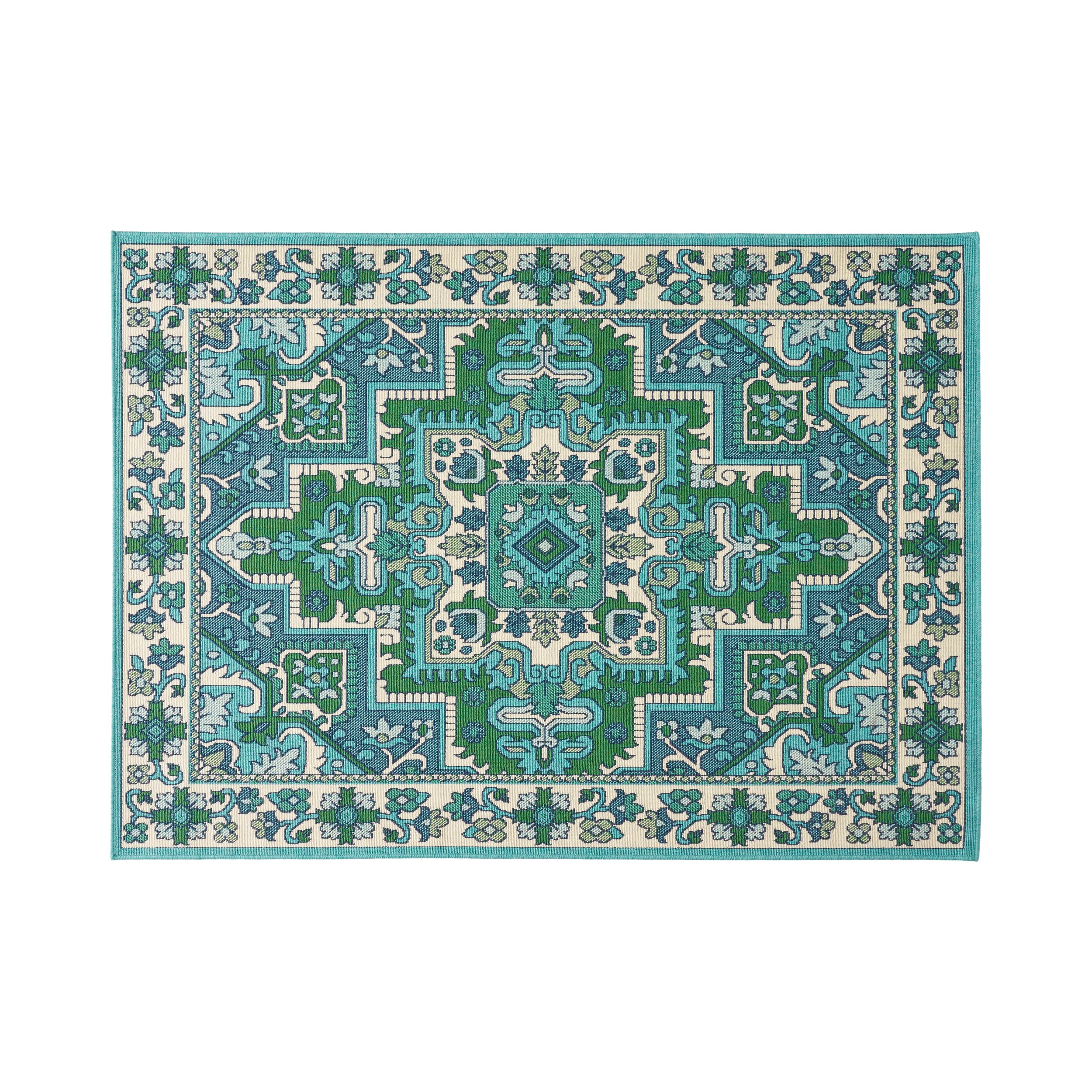 Halston Outdoor Oriental Area Rug, Ivory and Blue