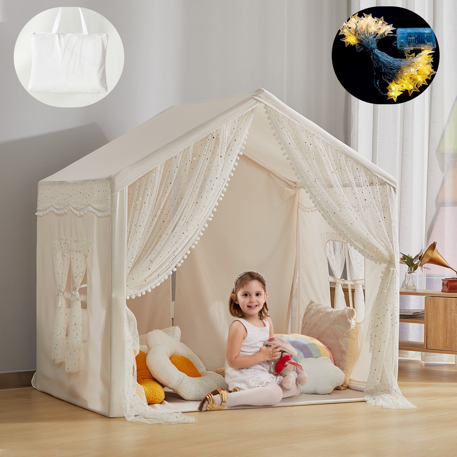 LOAOL Large Kids Tent with LED Lights&Travel Bag, Princess Castle Toddler Play Tent Indoor and Outdoor Playhouse, White Cotton Canvas