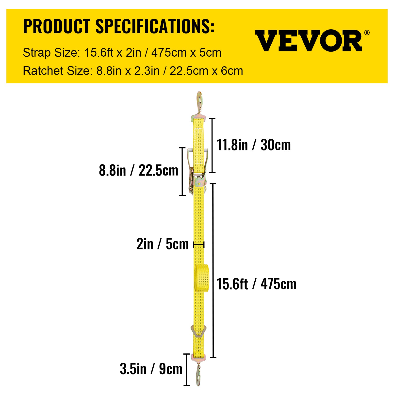 VEVOR Ratchet Tie Down Strap, 10.7ft x 2in Polyester Ratchet Strap 4000 lbs Working Load, 4 PCs Heavy Duty Car Straps w/ Double Hooks, Tie Down Strap with Chain Anchors, Security Fastening, Yellow
