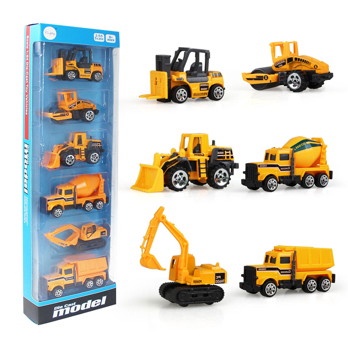 Coolplay 6PCS Mini Alloy Truck Forklift Bulldozer Excavator Die-Cast Vehicle Toy Set for 3 4 5 6 7 Year Old Boy Kids