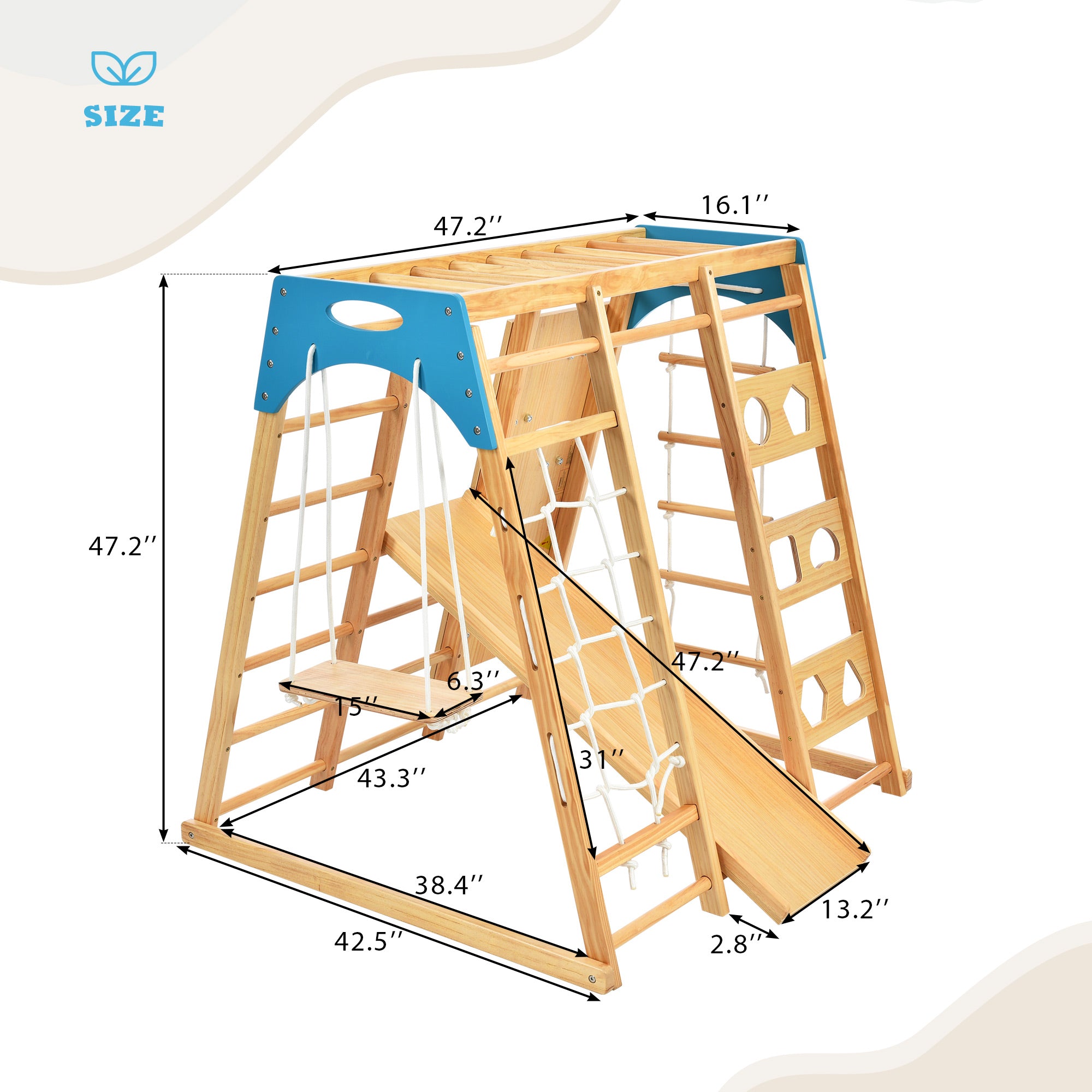 Track 7 Wooden Indoor Kids Playground Jungle Gym with Slide，Toddlers Wooden Climber 8-in-1 Slide Playset，Wooden Rock Climbing Wall with Rope Wall Climb，Monkey Bars，and Swing for Kids