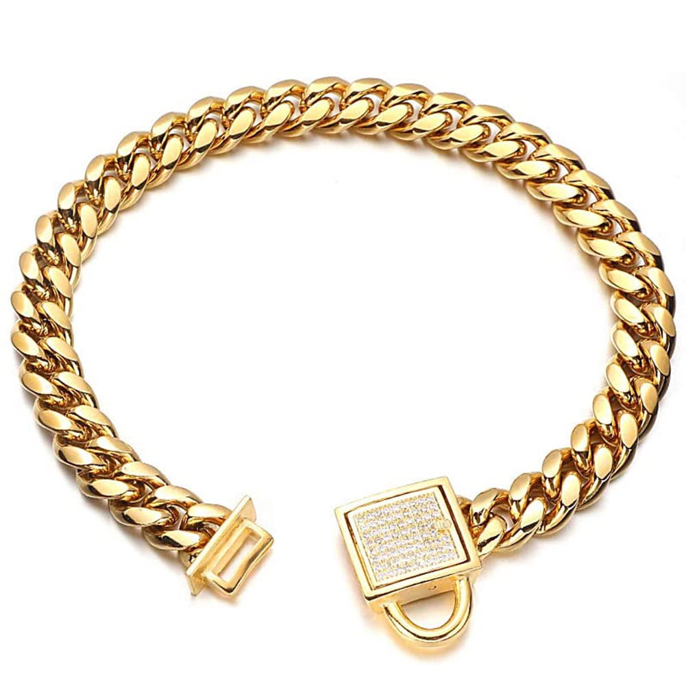 Gold Dog Chain Collar， 10mm Metal Chain Collar Cuban Link Puppy Collar Stainless Steel with CZ Diamond Lock Bling Choke Collar for Dogs(10inches)