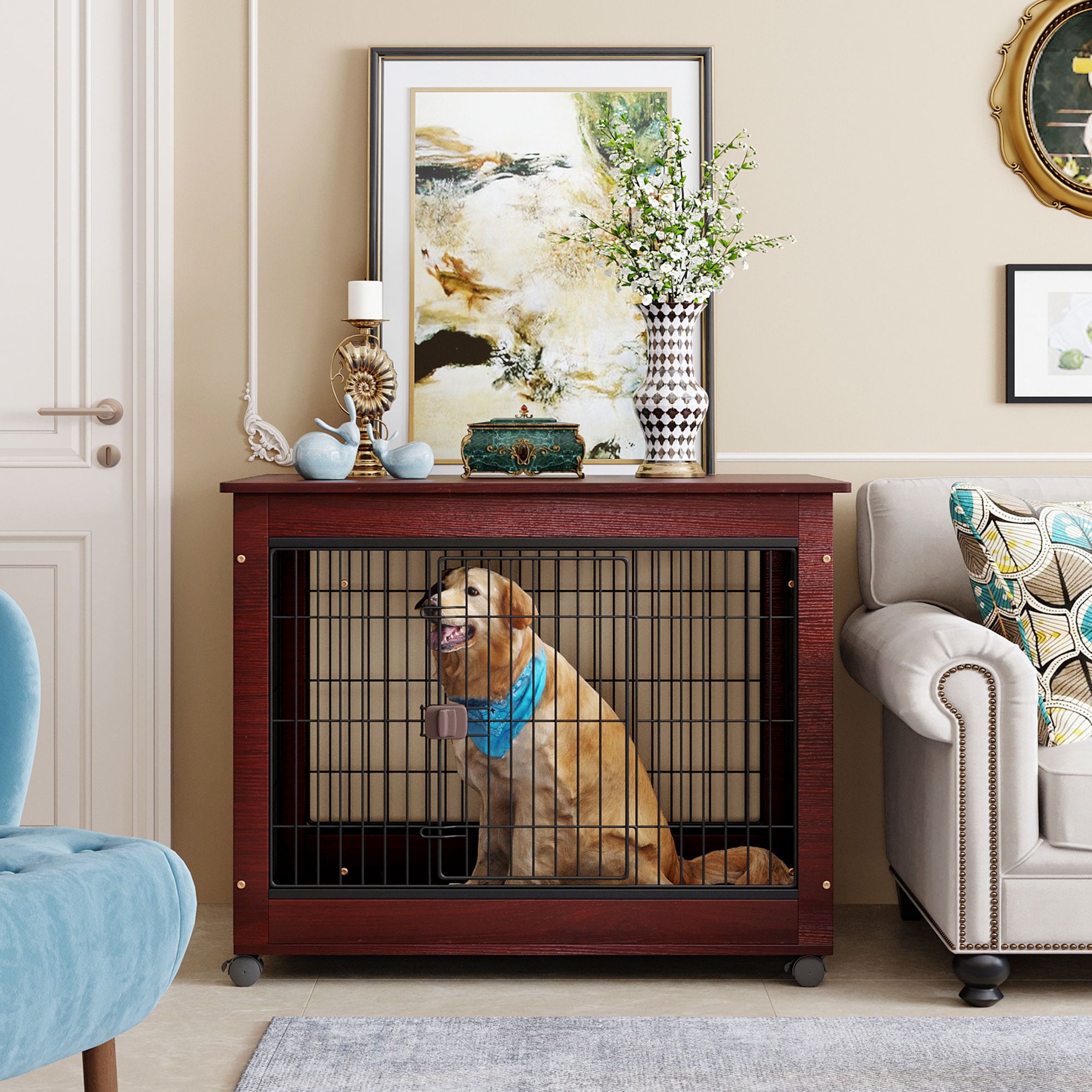 39” Length Dog Crate Cage End Table， Furniture Style Pet Dog Crate Cage Sofa Table with Wooden Structure and Iron Wire and Lockable Caters， Medium and Large Dog House Indoor Use