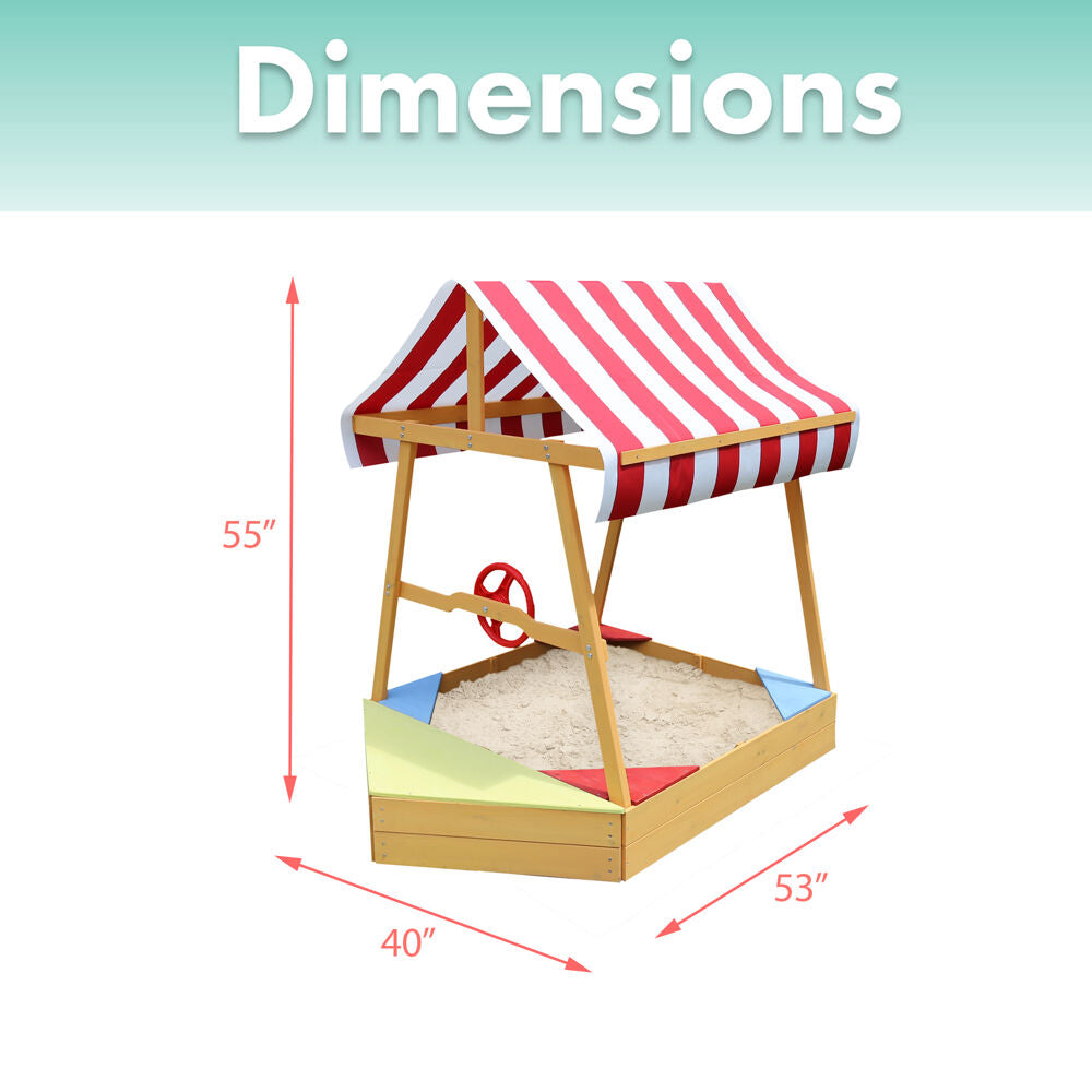 Critter Sitter Children's Wood Sand Box Boat with Red and White Striped Canopy， Wheel， and Bottom Liner - CSSB0103-NAT
