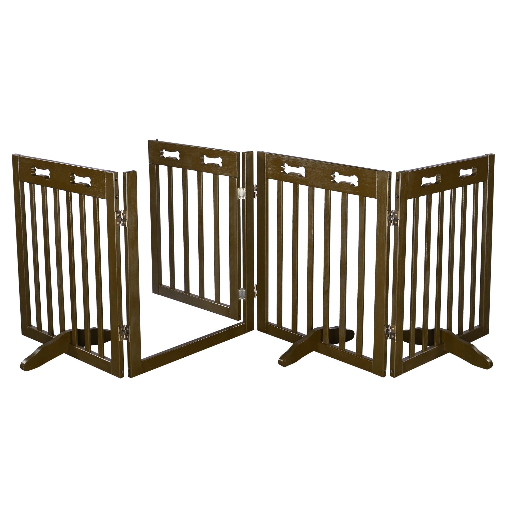 Freestanding Wooden Pet Gate w/ Walk Through Door， 360° Rotation Folding Cat Dog Fences