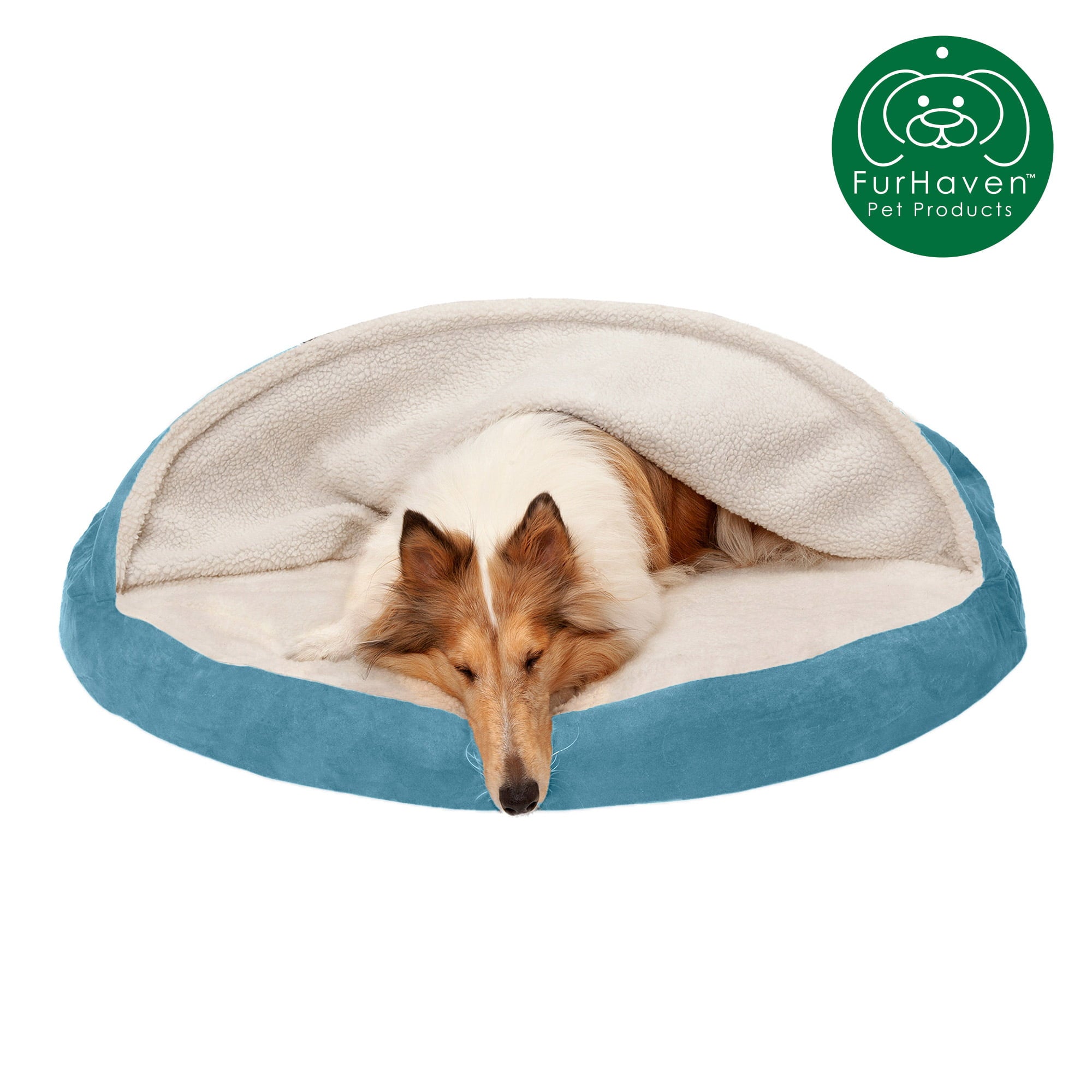 FurHaven Pet Products Orthopedic Faux Sheepskin Snuggery Burrow Pet Bed for Dogs and Cats， Blue， 44