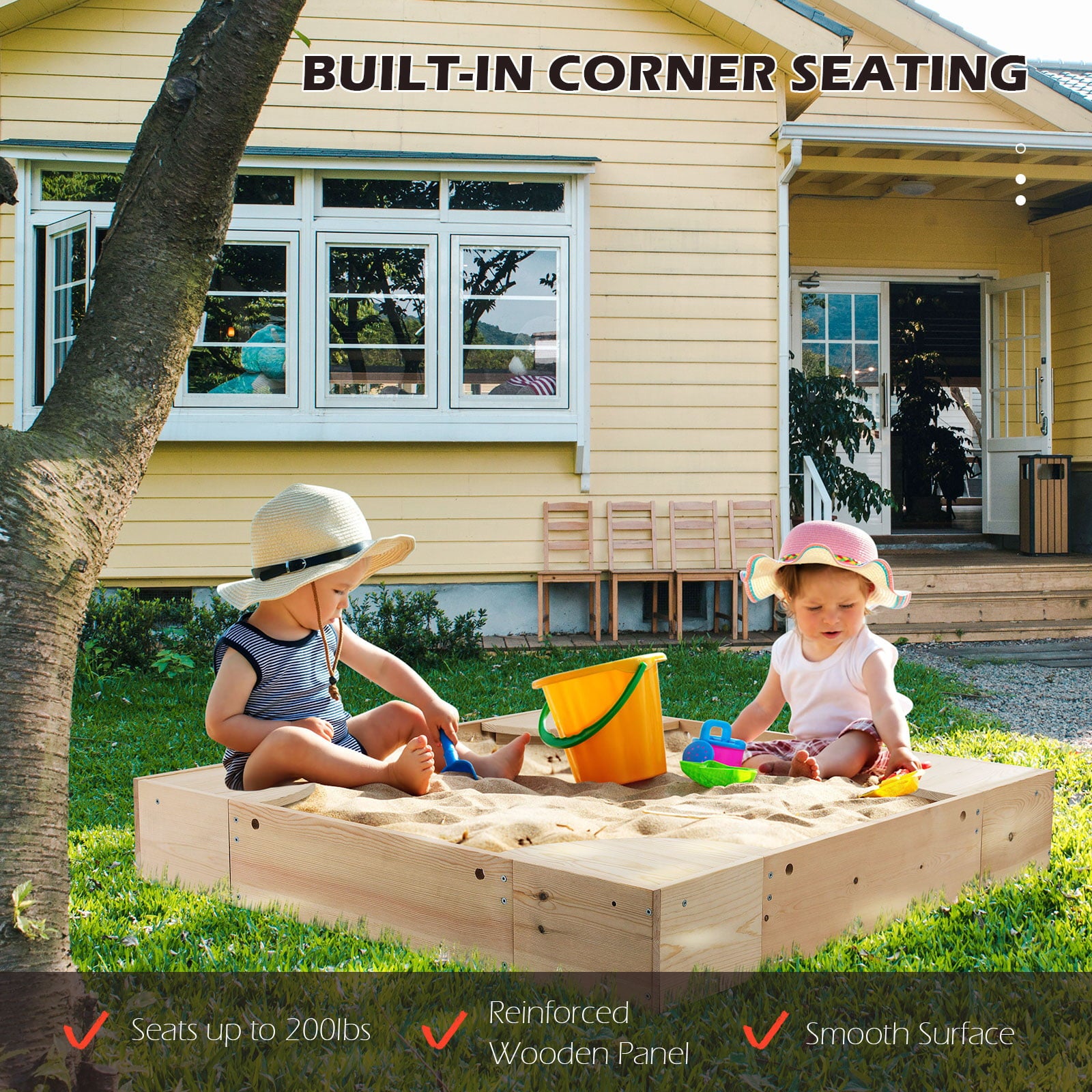 Increkid Kids Wooden Outdoor Sandbox with Cover， Built-in Corner Seats， Natural