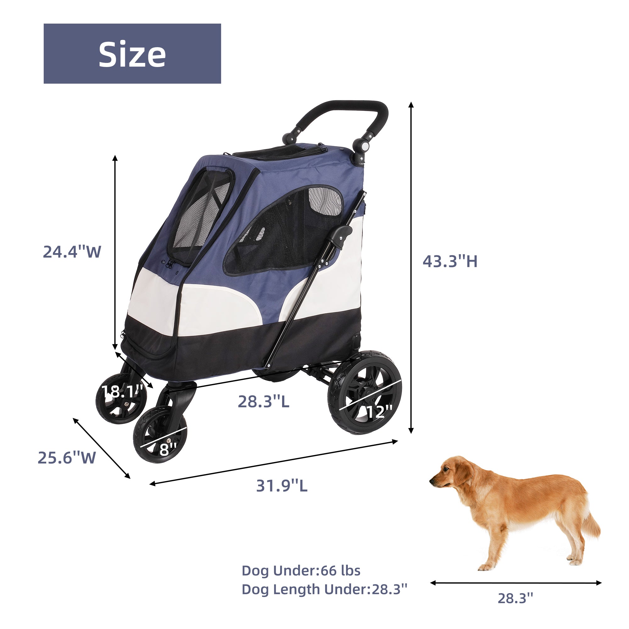 Pet Dog Stroller for Medium Dogs and Cats，Foldable Pet Jogger Stroller with Adjustable Handle，Blue