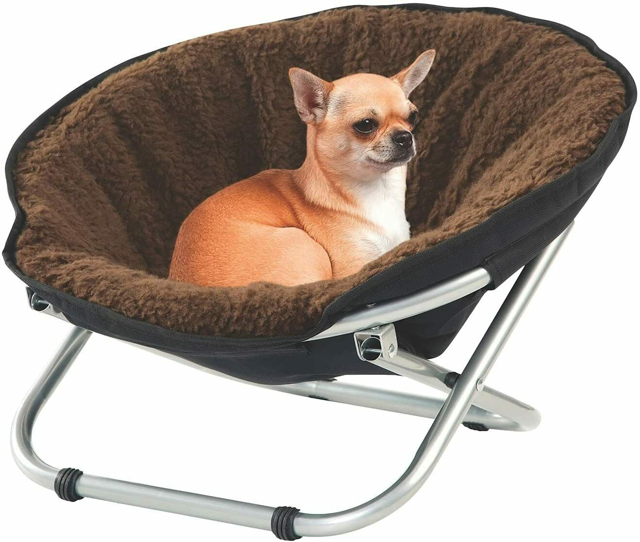 Pet Cot Chair - Portable Round Fold Out Elevated Cat Bed - Brown Fleece Top Cushion - Papasan Chair for Small Dogs