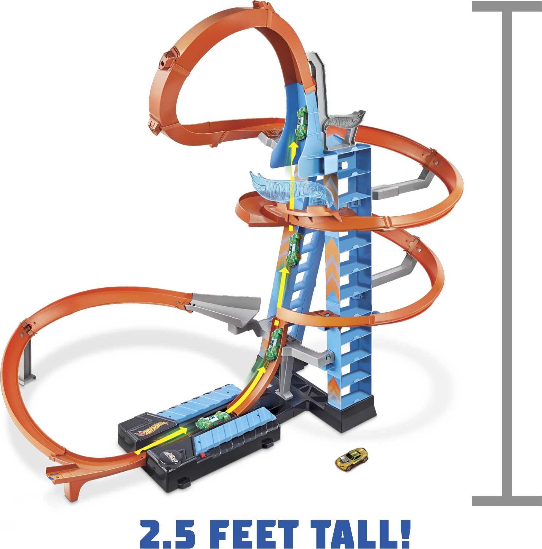 Hot Wheels Sky Crash Tower Motorized Track Set with Car， Stores 20+ 1:64 Scale Cars