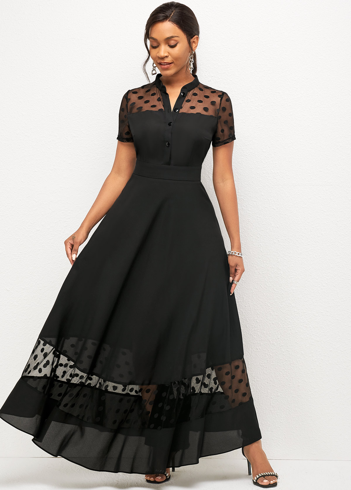 Mesh Stitching Short Sleeve Polka Dot Dress