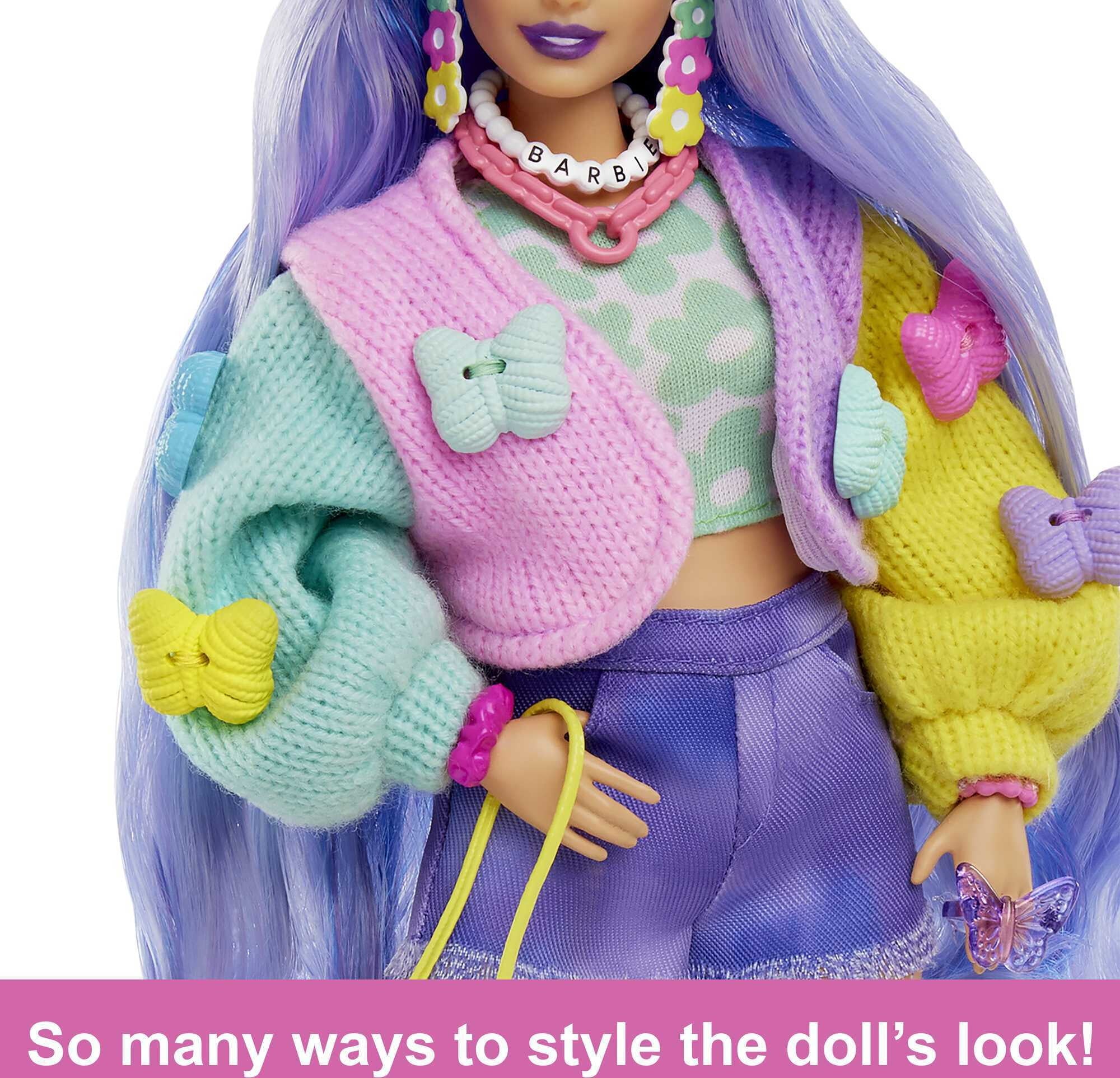 Barbie Extra Fashion Doll with Wavy Lavender Hair, Colorful Butterfly Sweater, Accessories & Pet