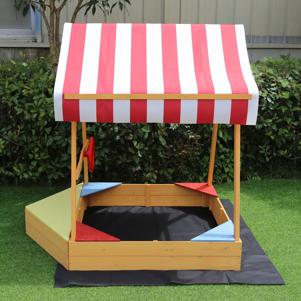 Critter Sitter Children's Wood Sand Box Boat with Red and White Striped Canopy， Wheel， and Bottom Liner - CSSB0103-NAT