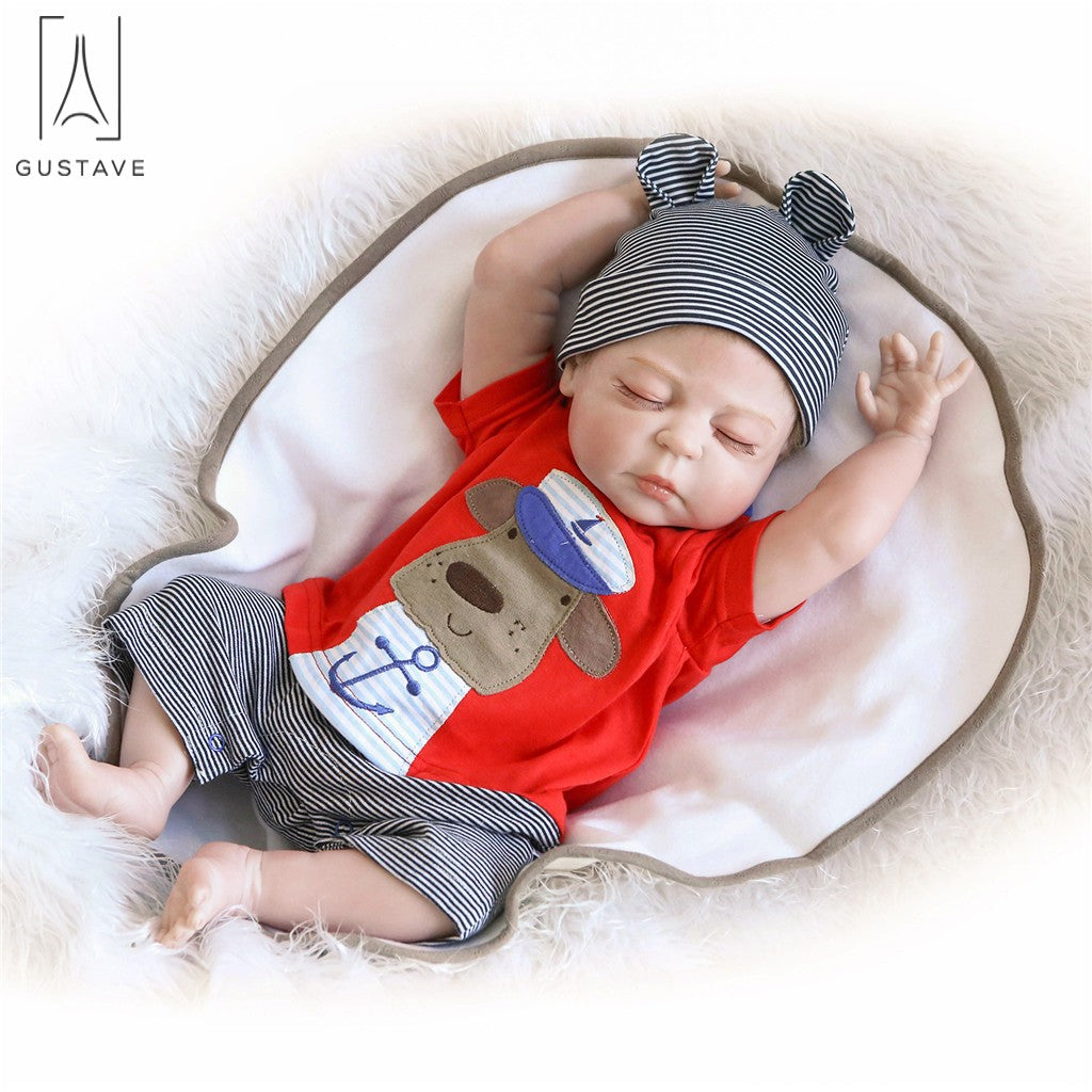 Gustave 22 Inch Reborn Baby Dolls Real Full Body Silicone Lifelike Sleeping Boy Dolls with Red Clothes