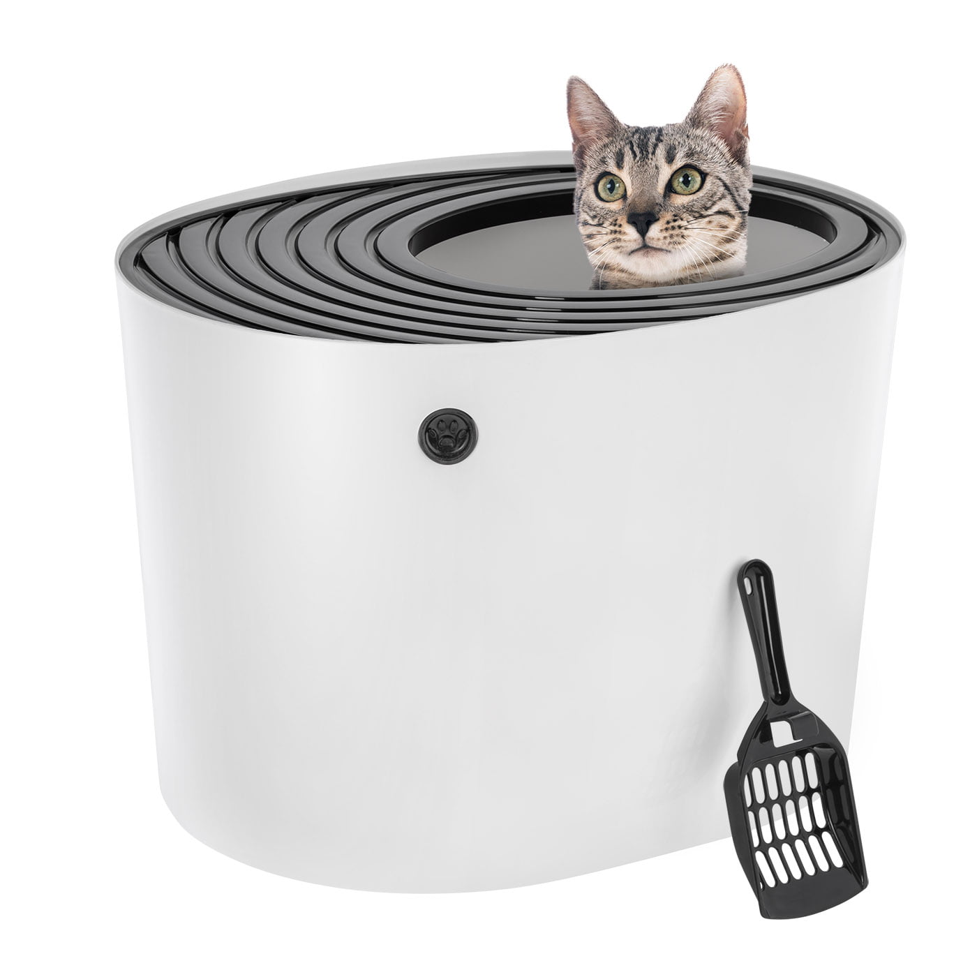 IRIS USA， Top Entry Cat Litter Box with Litter Catching Grooved Lid， White/Black