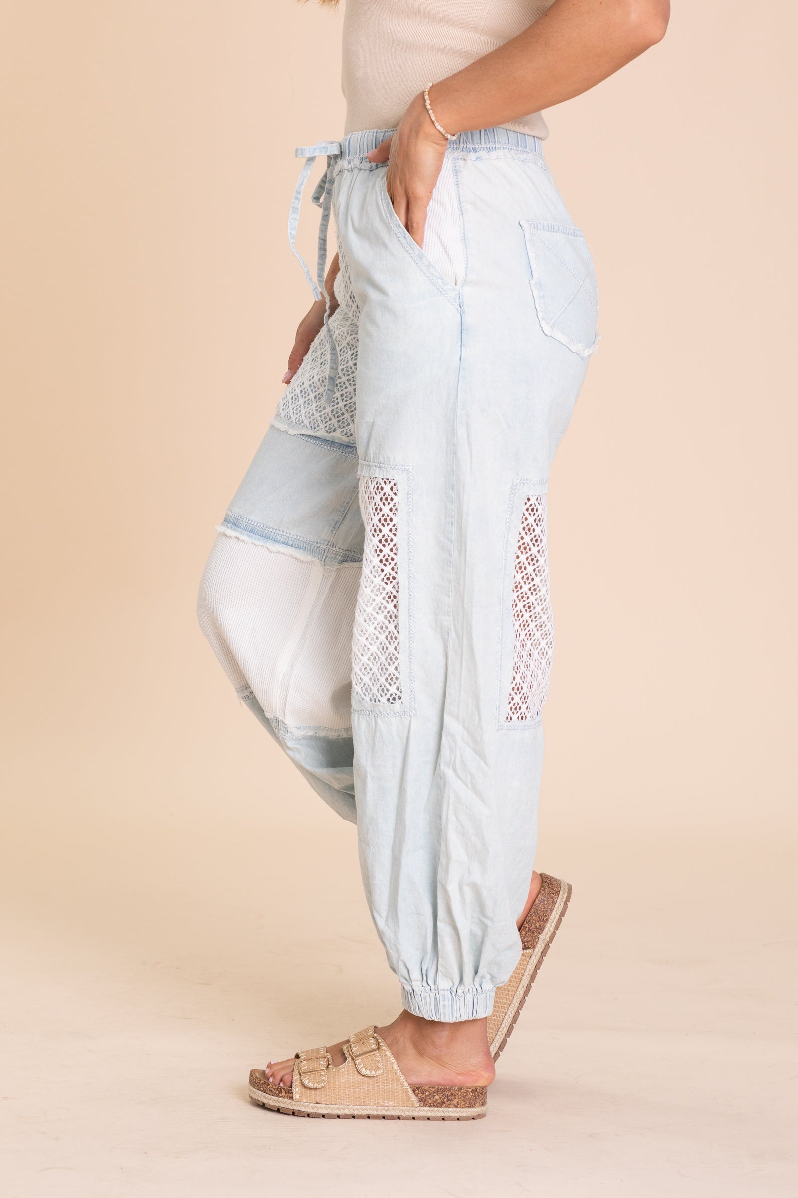 Denim See Through Crochet Drawstring Joggers